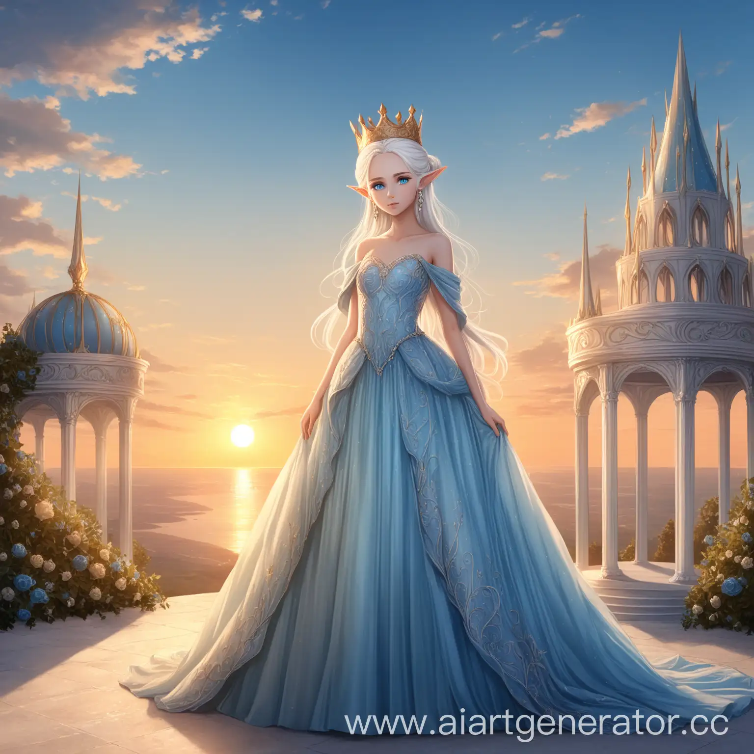 Красивая эльфийка, с белыми волосами собранными в пучок, синими глазами, длинными серьгами в нежно-голубом пышном бальном платье, с короной на голове, в полный рост, стоит на фоне заката
