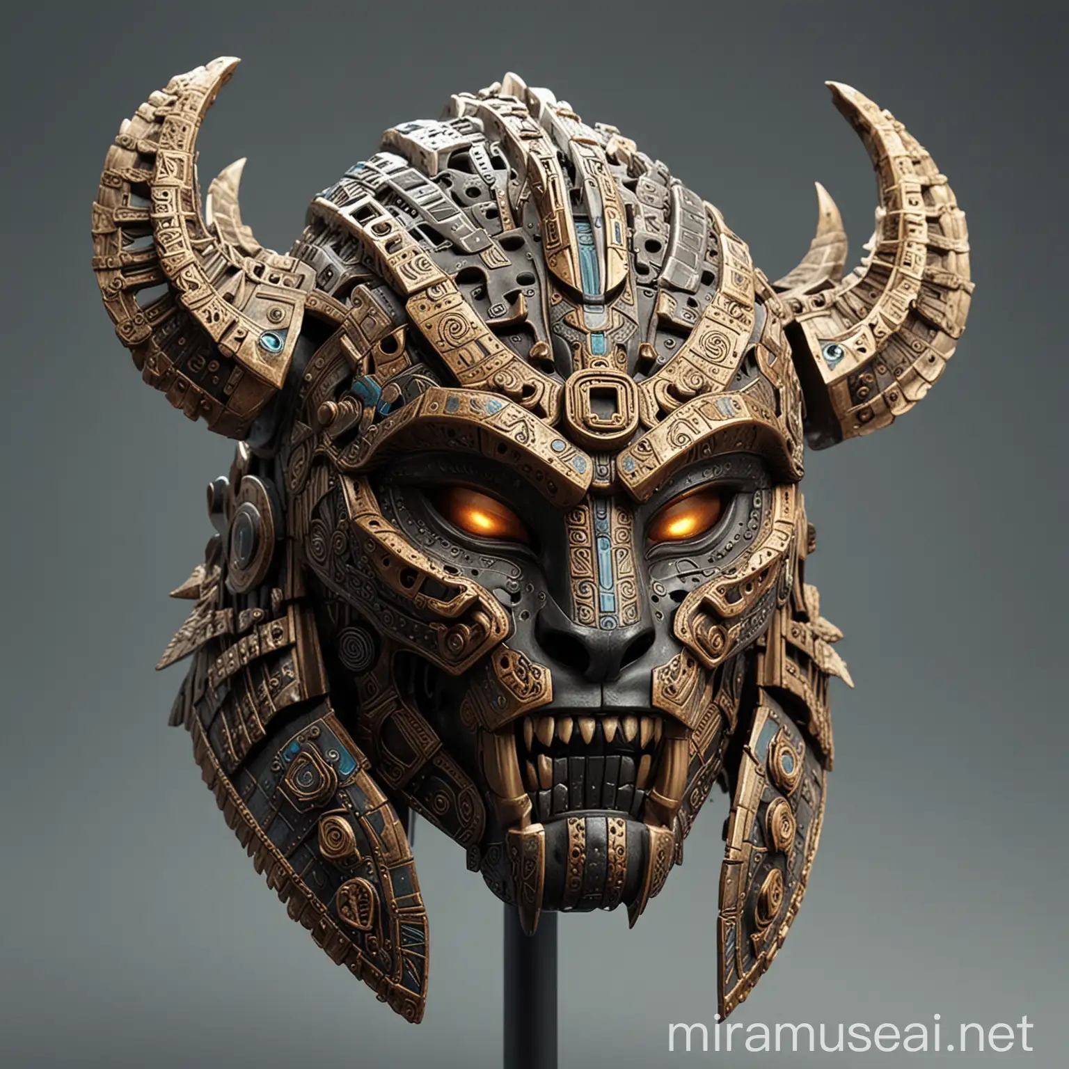 A helmet of an Aztec jaguar warrior with futuristic details. Fearsome fangs