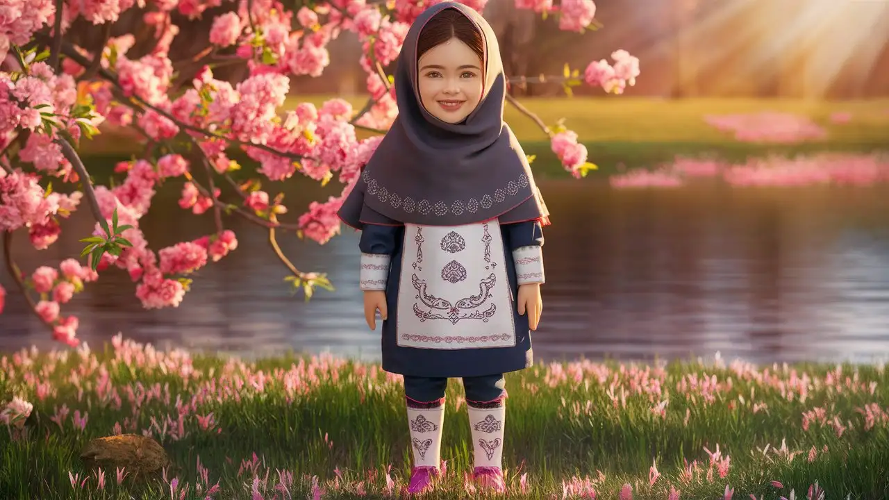 Persian little girl(full height, Muslim, with emphasis no hair nor neck out of veil(Hijab), white skin, cute, smiling, wearing socks, proudly, clothes full of Persian designs).
Atmosphere full of many pink flowers, lake, spring.