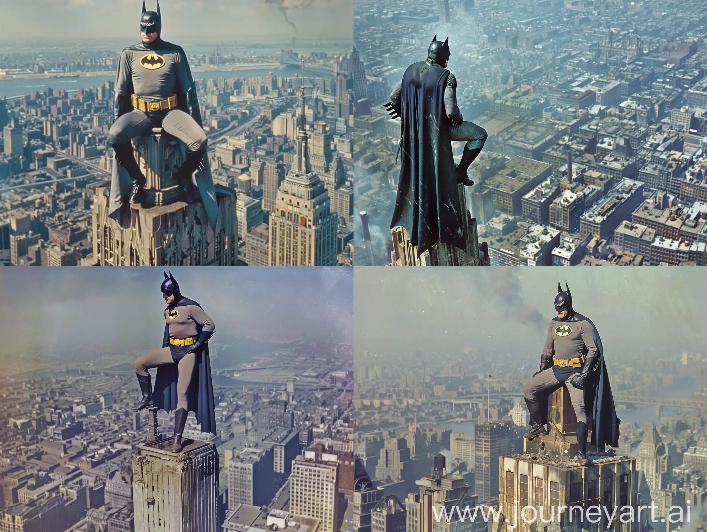 batman ,standing atop a Gotham City skyscraper, looking out over the city,1950's superpanavision 70 ,colory image