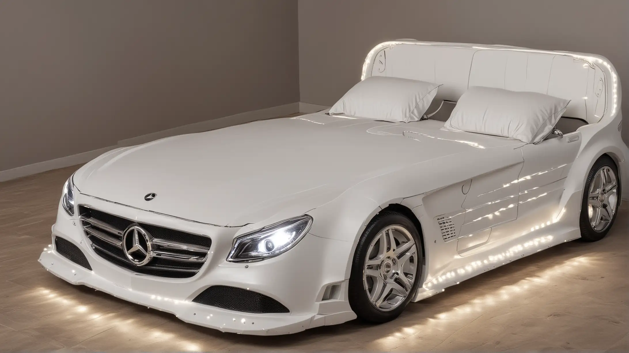 Double bed in the shape of a Mercedes car with headlights on