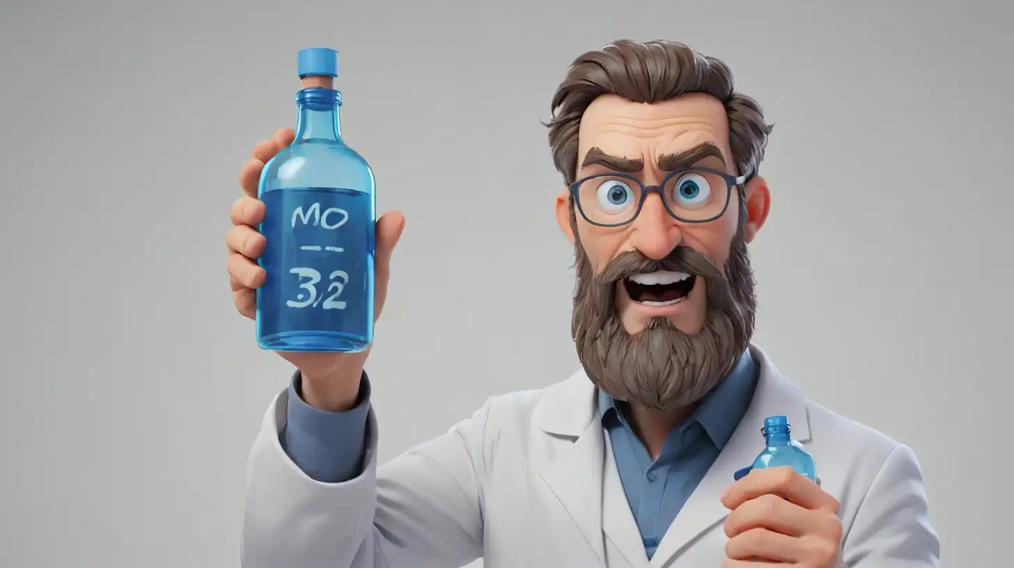 An animated scientist with a beard, against a white background, holding up one small blue bottle in the foreground with the words "No 32" on it.
