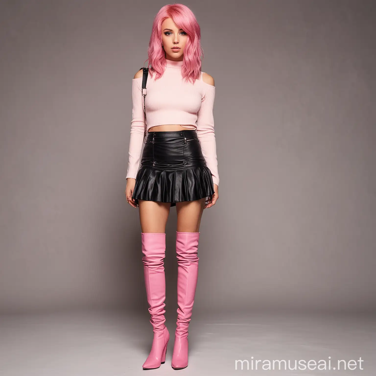 Woman with shoulder length pink hair, thigh high boots and short skirt
