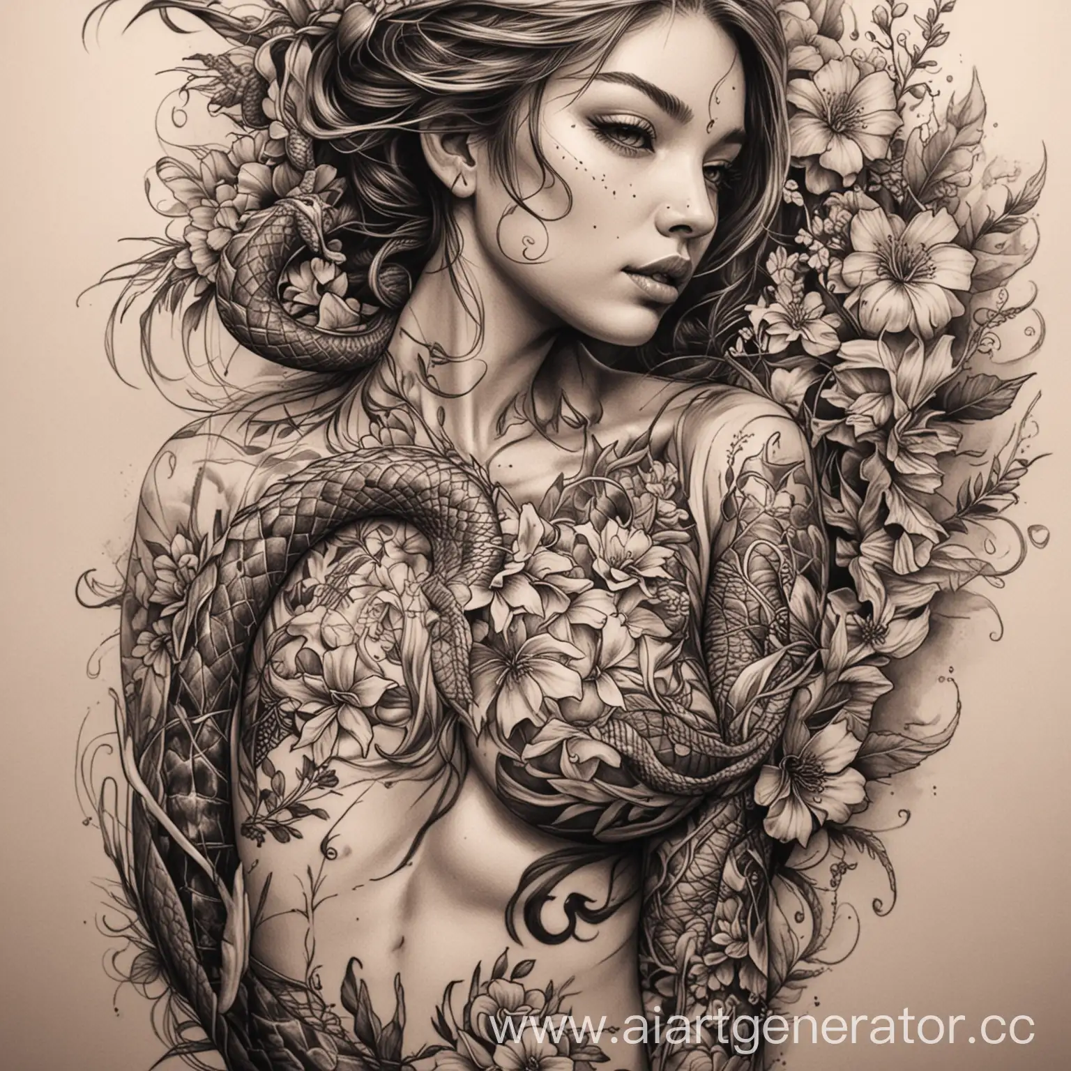 эскиз татуировки на бедре с длинным змеиным драконом который обвивает девушку в цветах