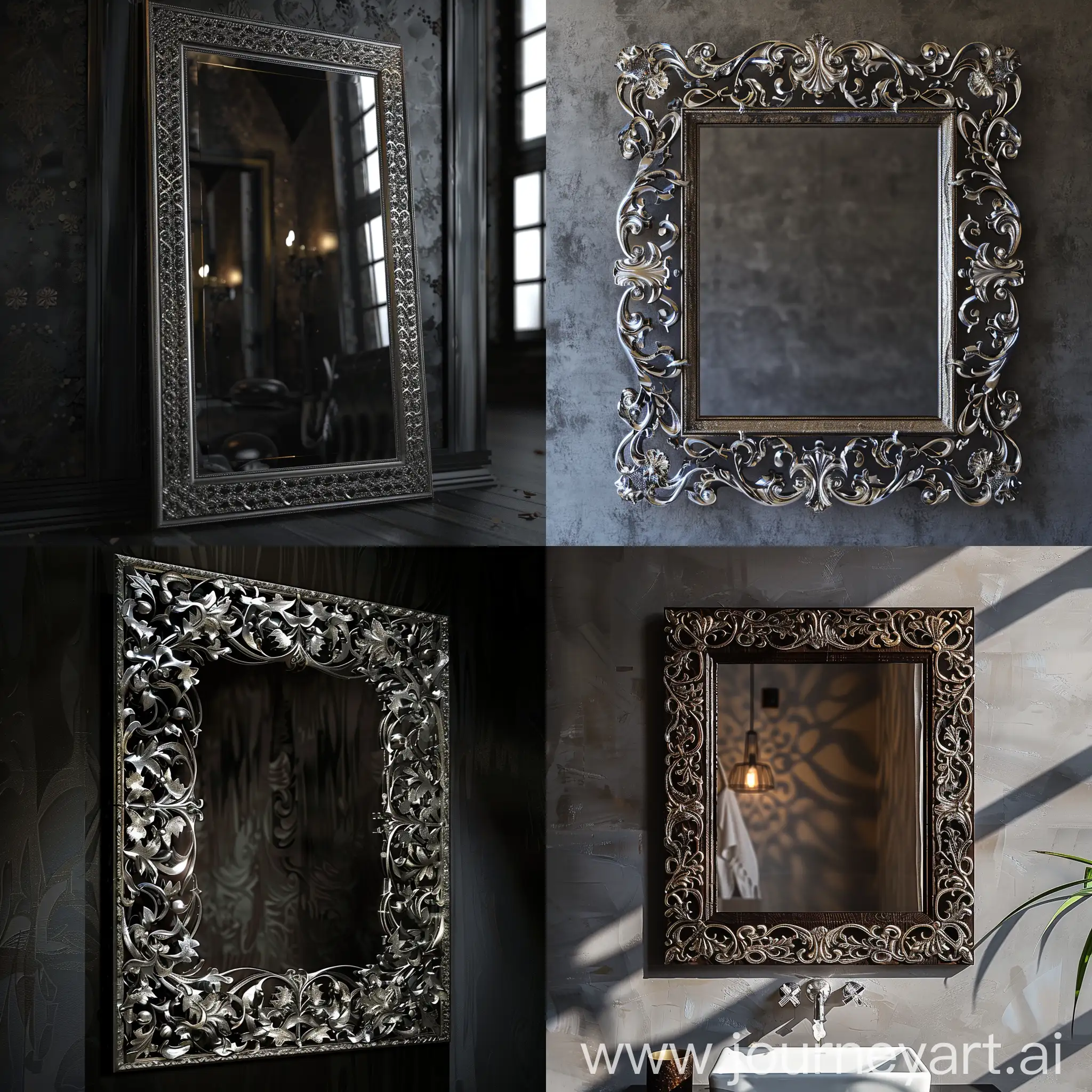 The mirror has an elegant and exquisite frame made of dark wood with silver patterns. These patterns may glow slightly, drawing attention to the mirror. "Pixel Game" "Old game" "2d game" "Pixel art"
