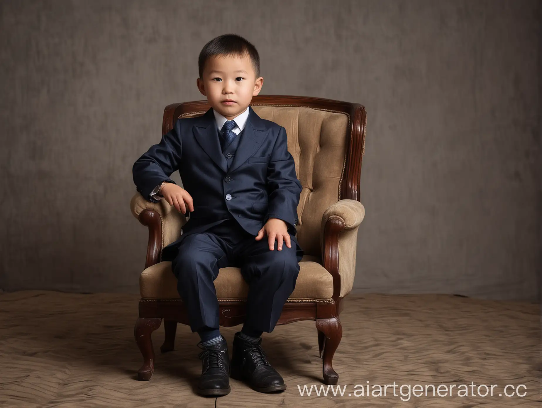 Маленький мальчик из Якутии который сидит на кресле в джентльменском костюме