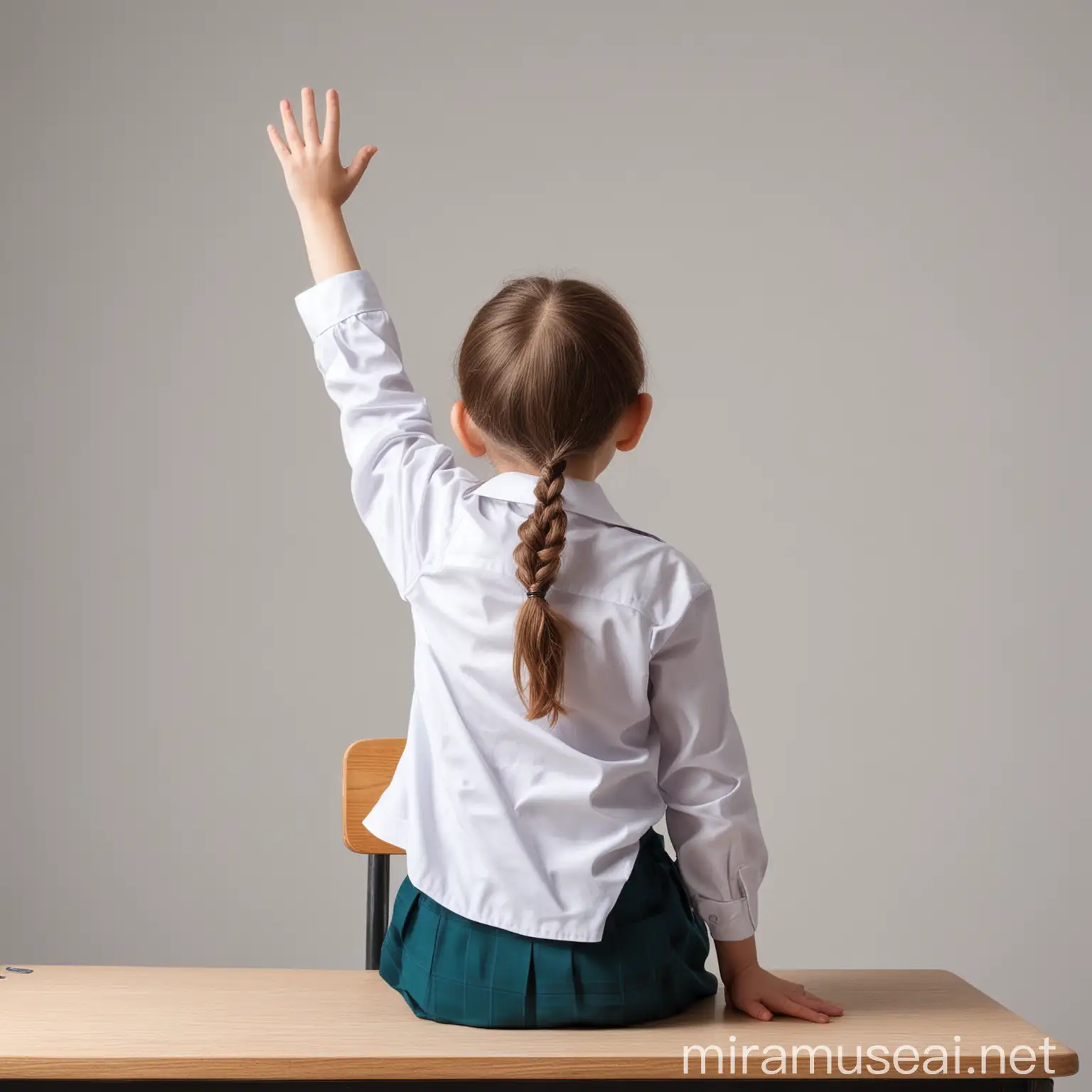 a child in school uniform, sitting on a school desk, view from behind, raises her hand, white background