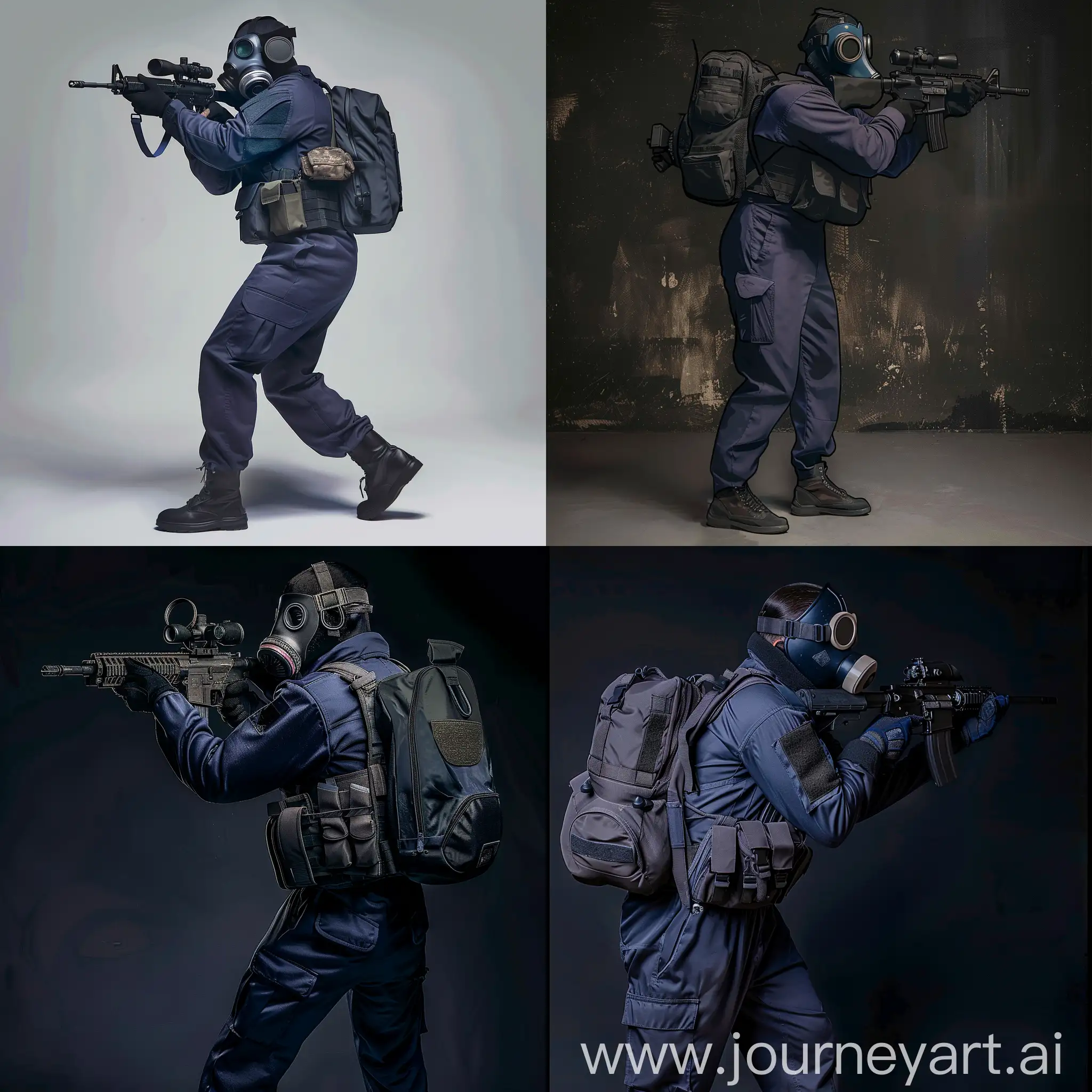 SAS operator, dark purple military jumpsuit, gasmask, small military backpack, military unloading on his body, sniper rifle in his hands.