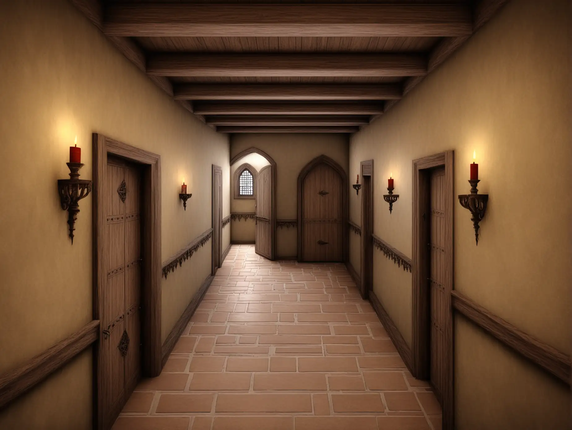 коридор дома, второй этаж, в средневековом стиле, 2 двери и лестница вниз на первый этаж, Фэнтэзи