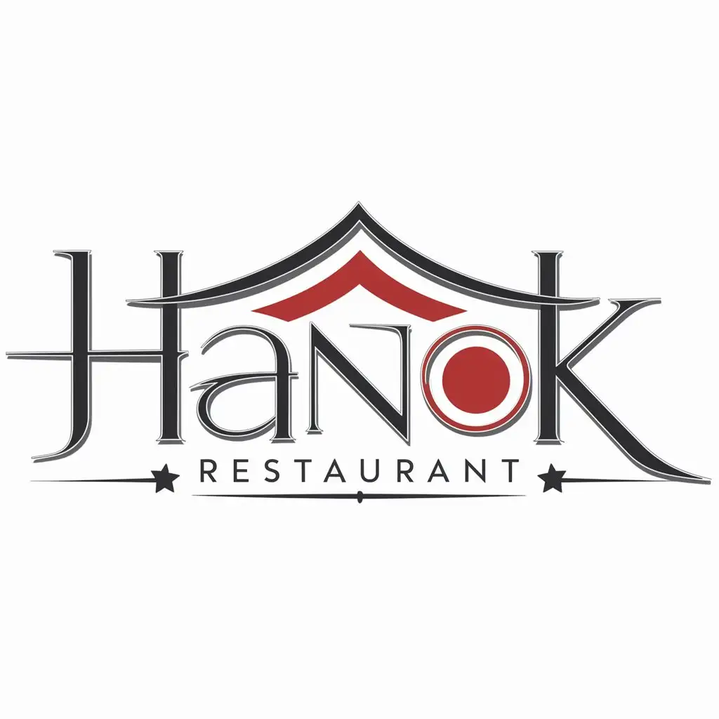 a logo design,with the text "Hanok", main symbol:Restaurant of Korean cuisine. Hankok - traditional Korean house. Main colors red, black, white,complex,be used in Restaurant industry,clear background