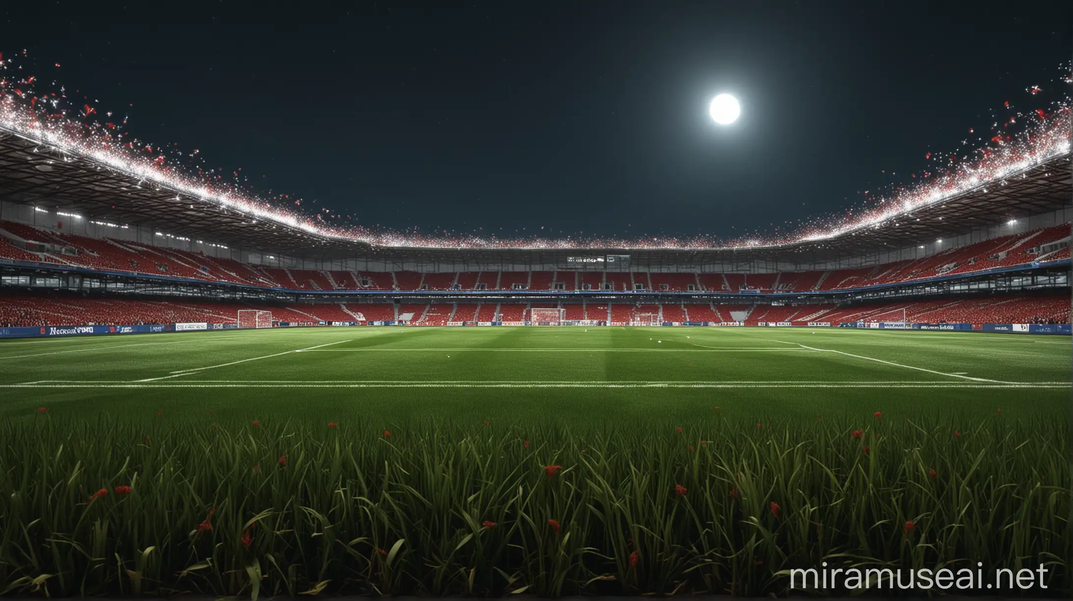 red and large realistic soccer stadium.  it remembers Turkish. there are a few fireworks. the color tone is beautiful. the sky has a dark blue tone. there is a small white moon. grasses are dark beautiful green. it should be symmetric. view from side. wallpaper quality. grasses are all green.