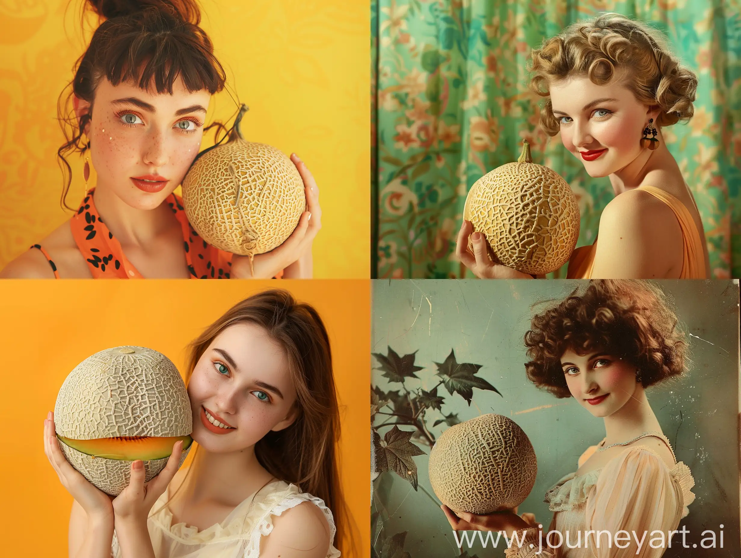 An attractive advertising photo of a lady holding a cantaloupe