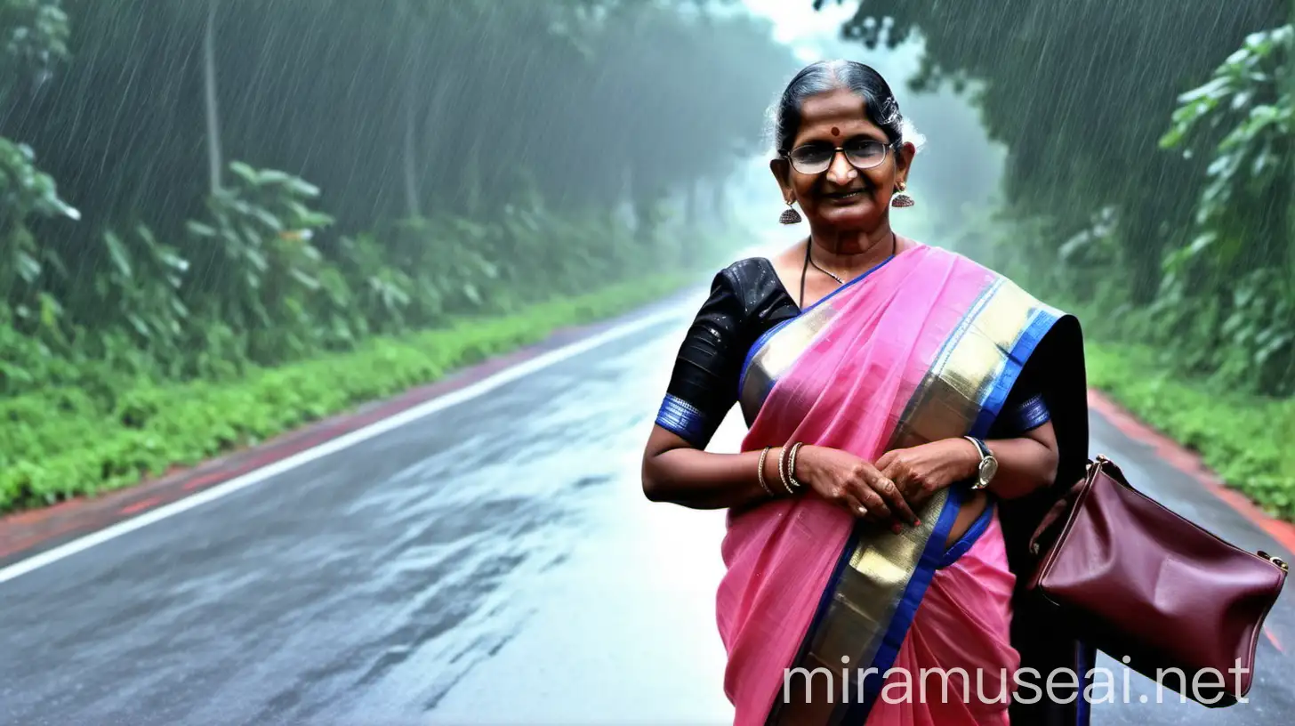 a indian mature   very  fat housewife school teacher woman having big stomach age 63 years old vintage  looks with make up on face ,binding her high volume hairs, Gajra Bun Hairstyle . wearing metal anklet on feet and high heels ,   . she is happy and smiling. she is wearing  neck lace in her neck , earrings in ears, a power spectacles  on her eyes and wearing wet pink cotton saree and a half black blouse  on her body. she is putting saree on her fore head ,she has a vanity bag on her shoulders. she is standing  on a lonely forest high way enjoying the rain  showing hand for lift ,  and its day time . its raining very heavy . she is standing near a car. she is fully wet. its night time.
she is showing her hand for lift.