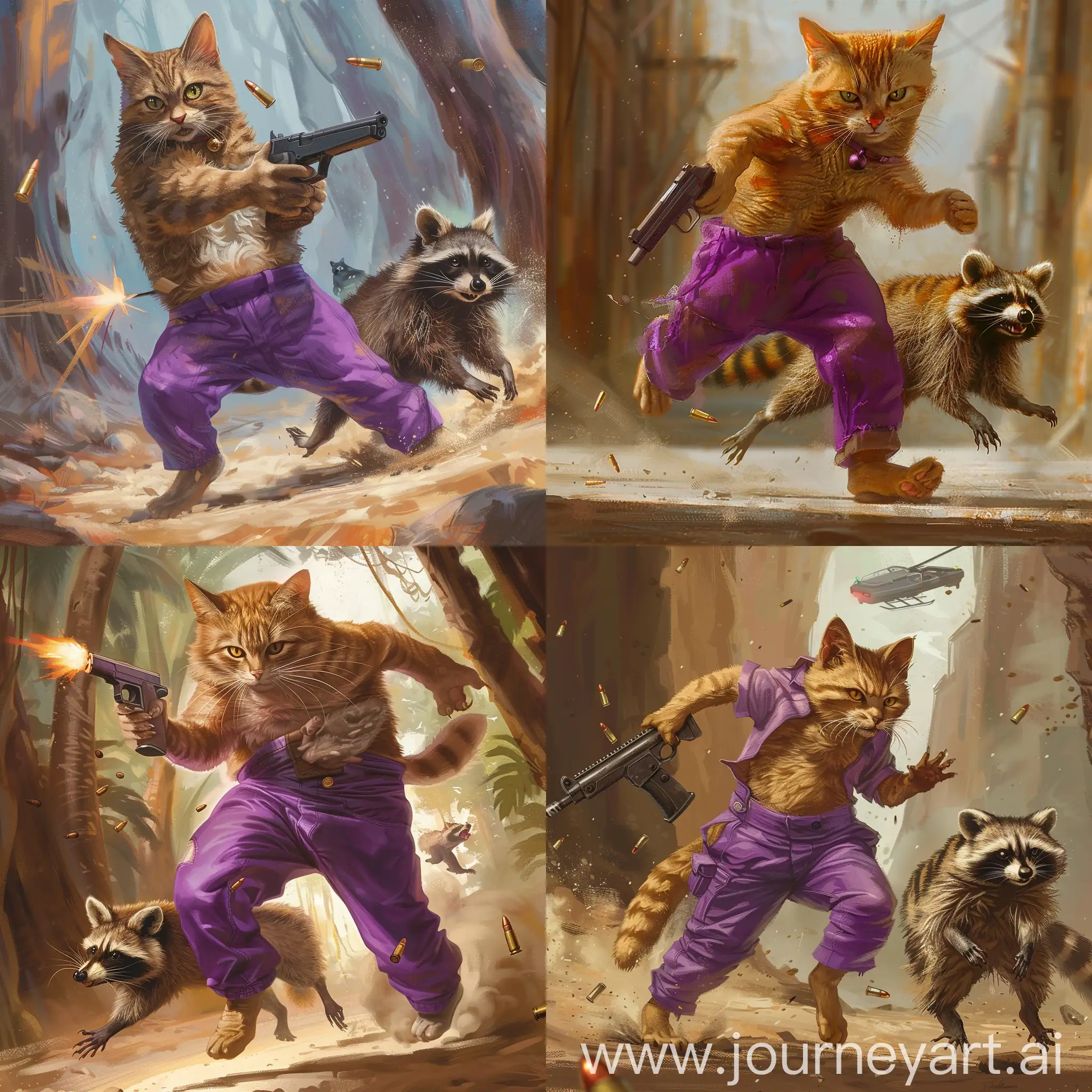 Cat-in-Purple-Pants-Chased-by-Raccoon-with-Gun