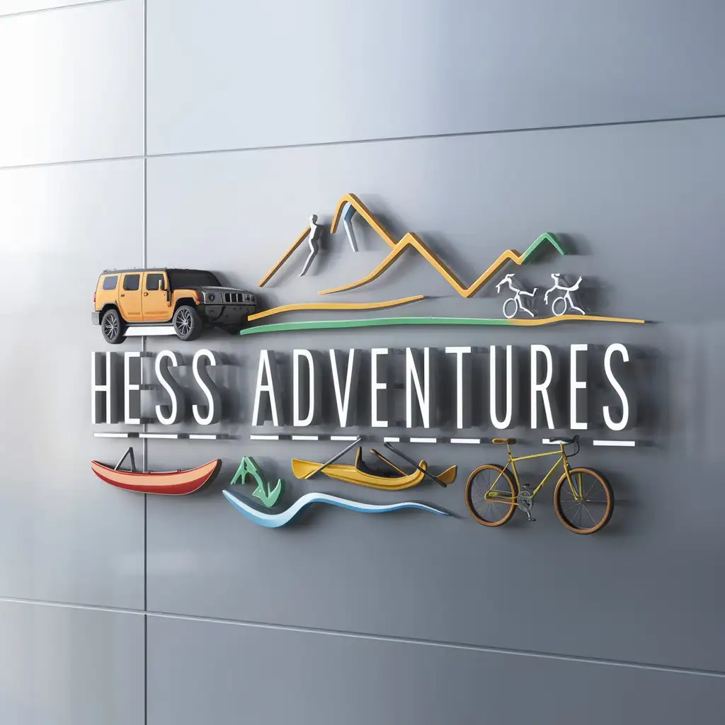a logo design,with the text "Hess Adventures", main symbol:Hummer, Kayak, Canoe, Cycling, Bike,complex,be used in  Travel industry,clear background