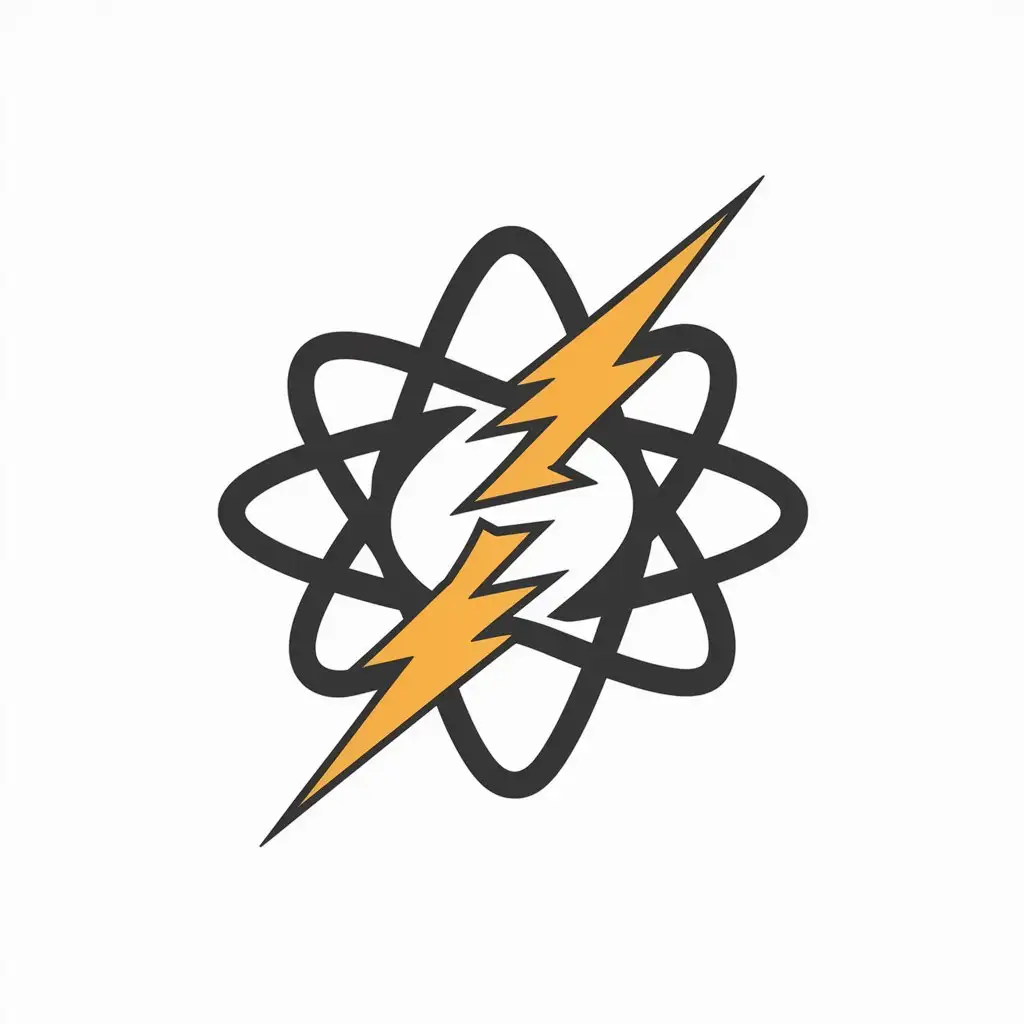 a bright logo merging a model atom with a lightning bolt