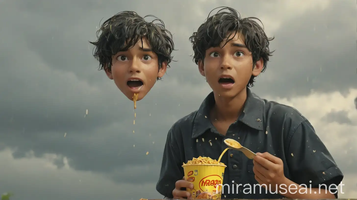 It is raining and the sky is clouded. There is a 20-year-old boy standing and eating maggi with a spoon 