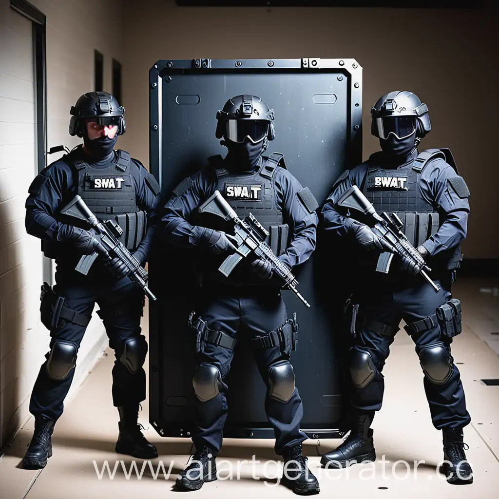A three-man SWAT assault team, standing in front with a ballistic shield