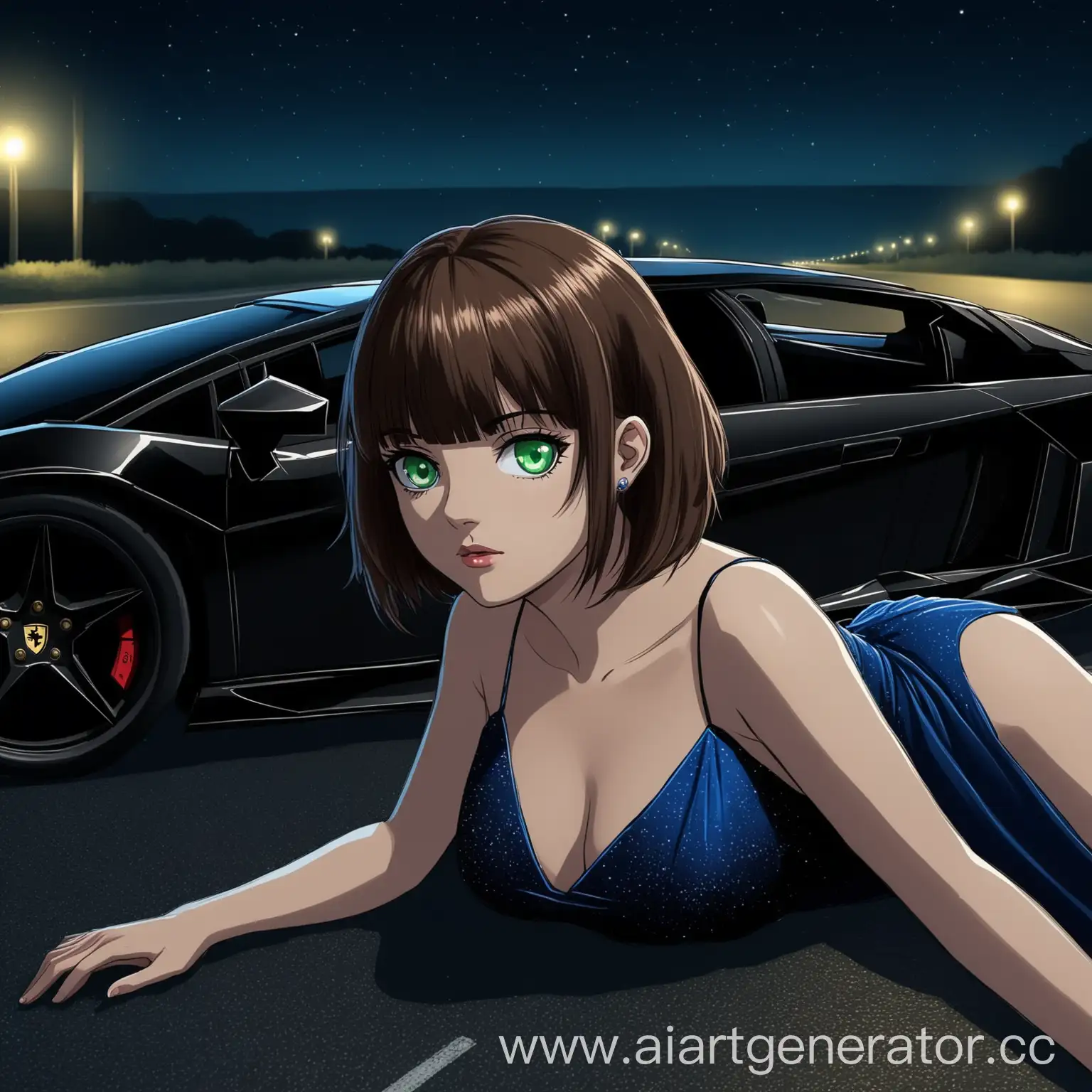 Aria Roscente está tumbada en la carretera con Lamborghini negro por la noche con una atmósfera pesada en un vestido de noche corto de color azul con el pelo corto de color castaño y con flequillo y con los ojos verdes