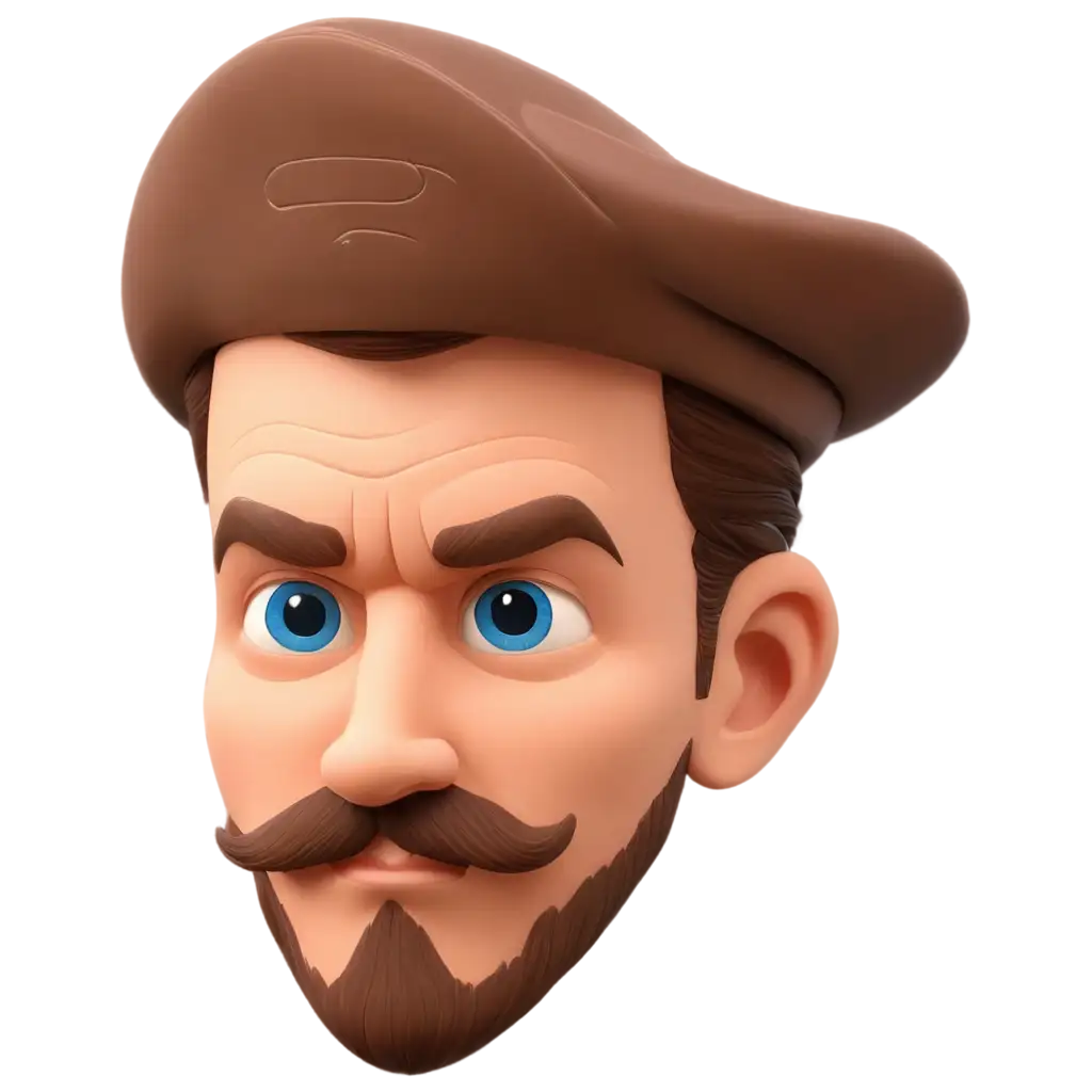 Cartoon Detective head. Mustache and blue eyes, brown hair