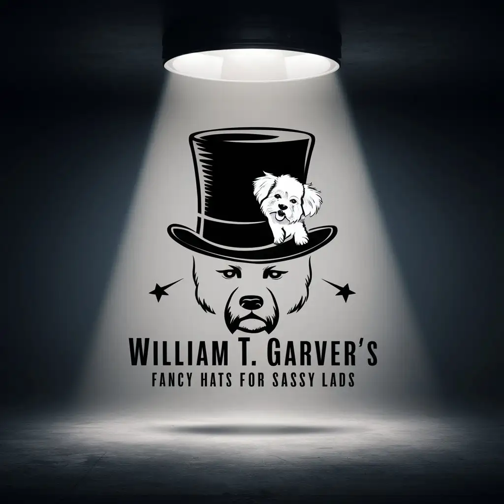 a logo design,with the text "William T. Garver's Fancy Hats for Sassy Lads", main symbol:Stylish top Hat , awkward,  intense, furtive,  spotlight mystical , depression era, Bichon frise,complex,be used in Events industry,clear background