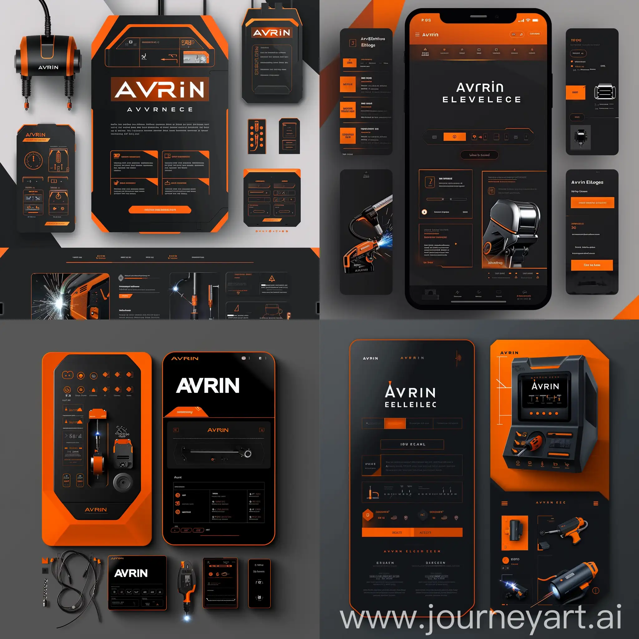 Clean, minimalist layout with the Avrin Electric logo prominently displayed
Use of bold, contrasting colors like orange and black to create an impactful visual
Intuitive and clearly labeled controls and settings for the welding machine
Incorporation of sleek, angular shapes and lines to convey a sense of technology and innovation