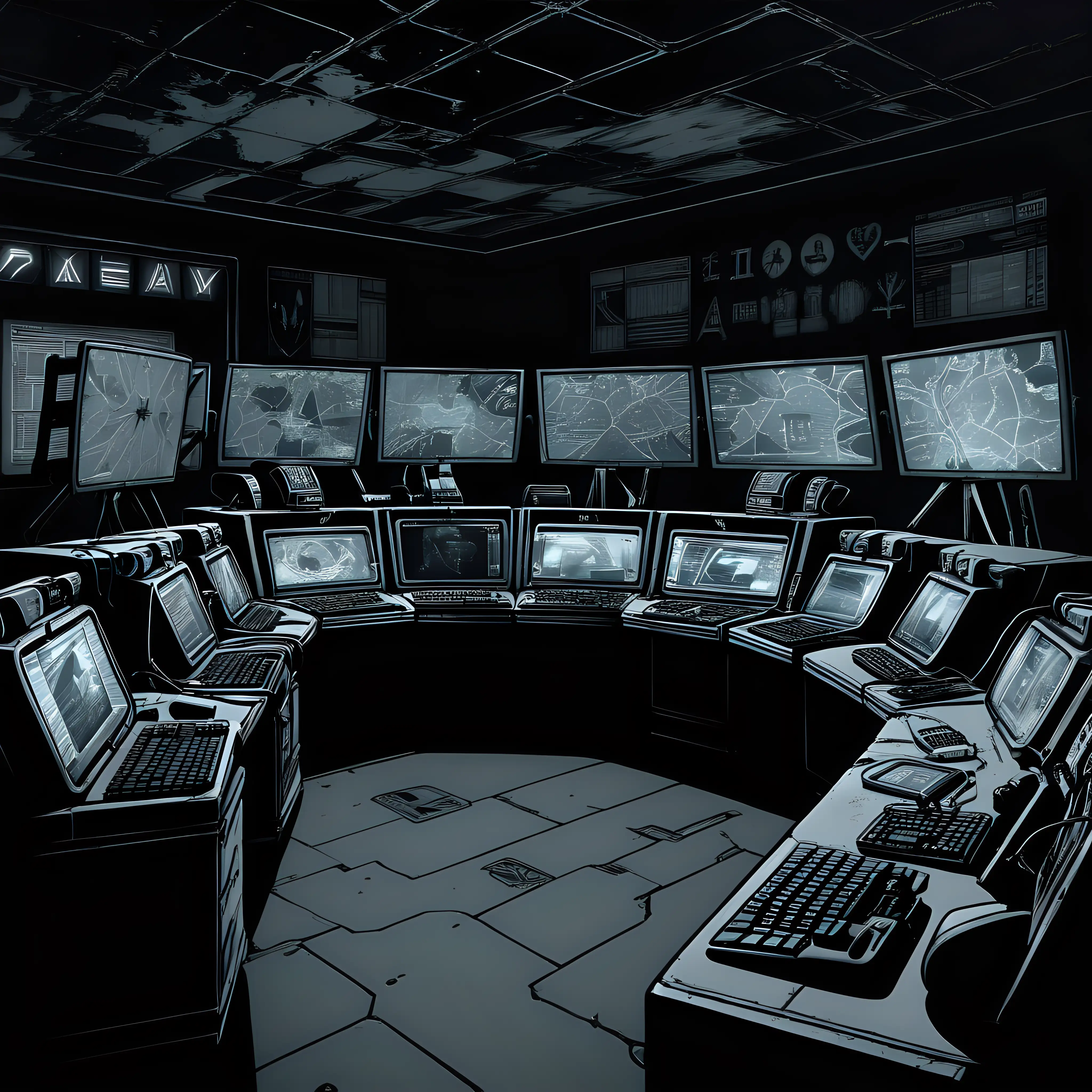 Gloomy Colonial Base Command Center in Comic Book Style