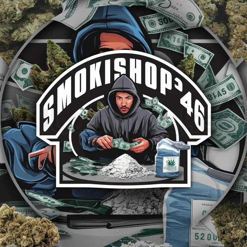 a logo design,with the text 'SmokiShop46', main symbol:man hoodie who counts bills with kilo of flour on the table and weed and bills in the back ground,complex,be used in Others industry,clear background