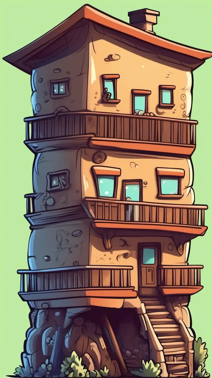 Cartoony, color:  single multible story building  from the ground up.  Eye level.  simple background