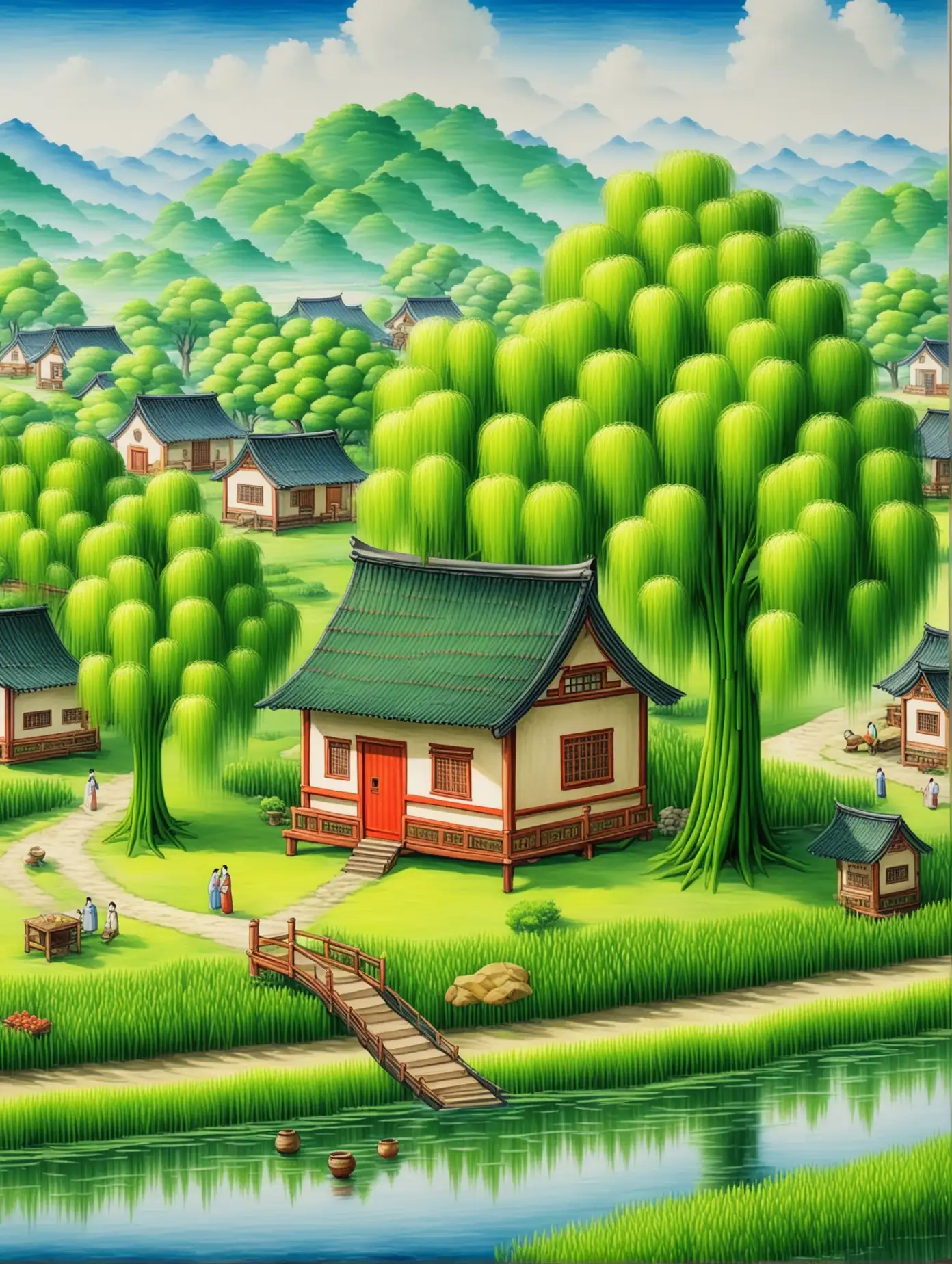 Idyllic Scene with Willow Trees and Folk Art Style House