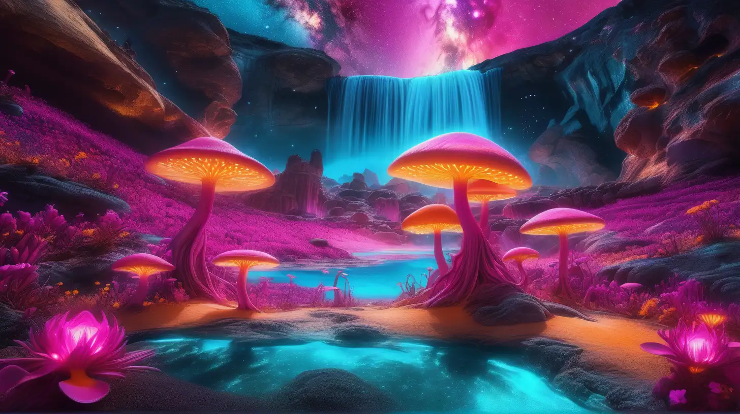 florescent fairytale mushrooms of Orange and Pink and golden-magenta mushrooms in golden dust and a magical turquoise glowing lake and waterfall of luminescent  magenta flowers, giant magenta-fire planet in the sky among galaxies.