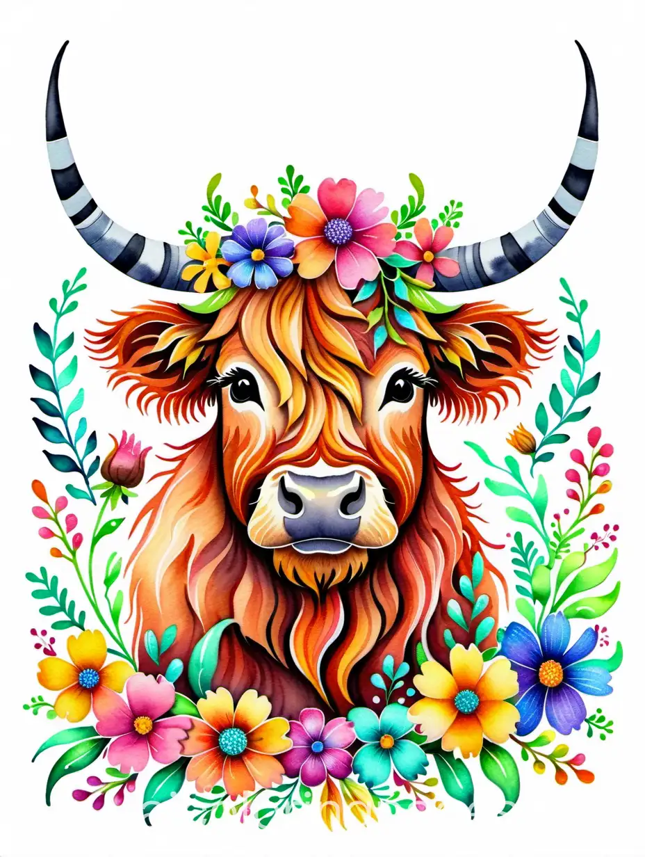 Whimsical highland cow illustration adorned with vibrant watercolor florals isolated on a white background, capturing the essence of springtime joy, artful graphic design, vibrant colors, joyful composition, Coloring Page, black and white, line art, white background, Simplicity, Ample White Space