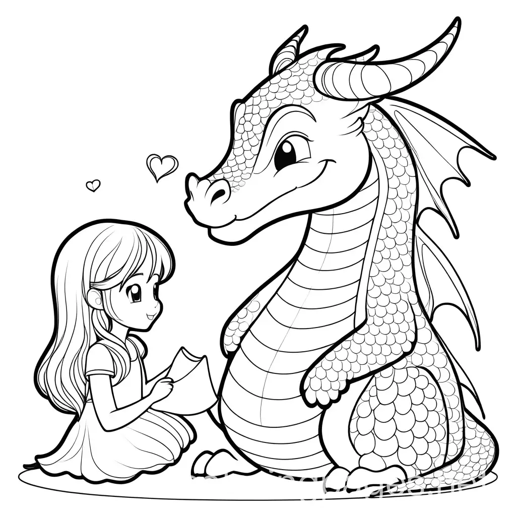 cute dragon with a girl, Coloring Page, black and white, line art, white background, Simplicity, Ample White Space