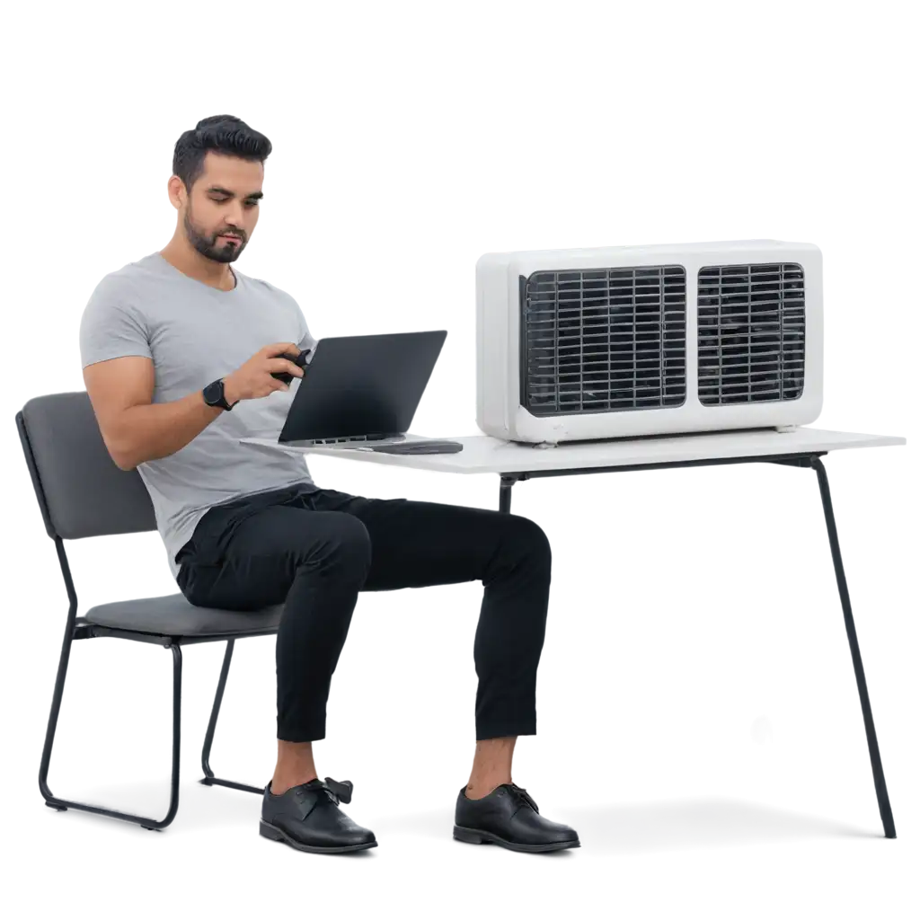 Efficient-Cooling-Man-Enjoying-Portable-Small-AC-on-Desk-in-HighQuality-PNG-Format