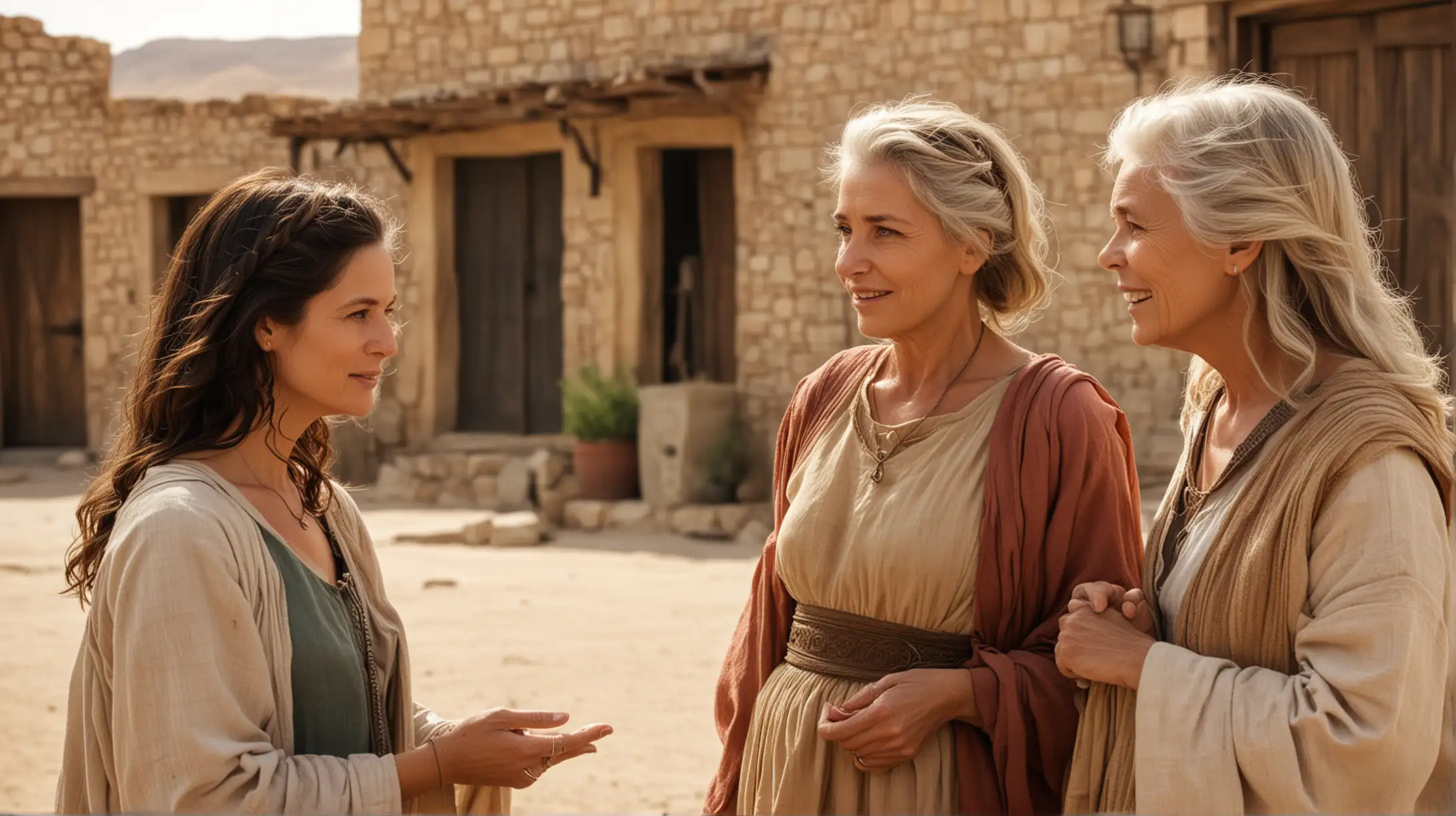 2 attractive women, talking to an older lady. Set in a Desert town, During the Biblical era of Joshua.