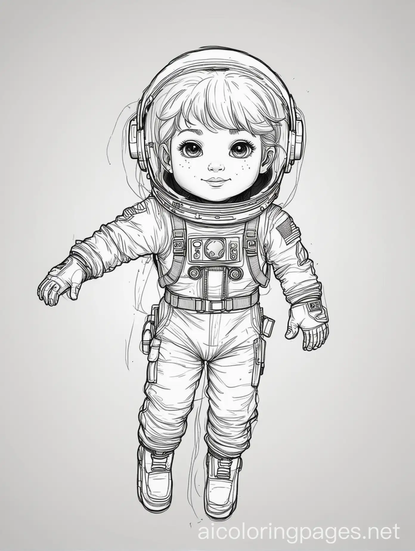 Child astronauts with hair outlined only, floating in zero gravity, coloring page, black and white, line art, white background, Simplicity, Ample White Space. The background of the coloring page is plain white to make it easier for children to color within the lines. The outlines of all the subjects are easy to distinguish, making it simple for kids to color without too much difficulty