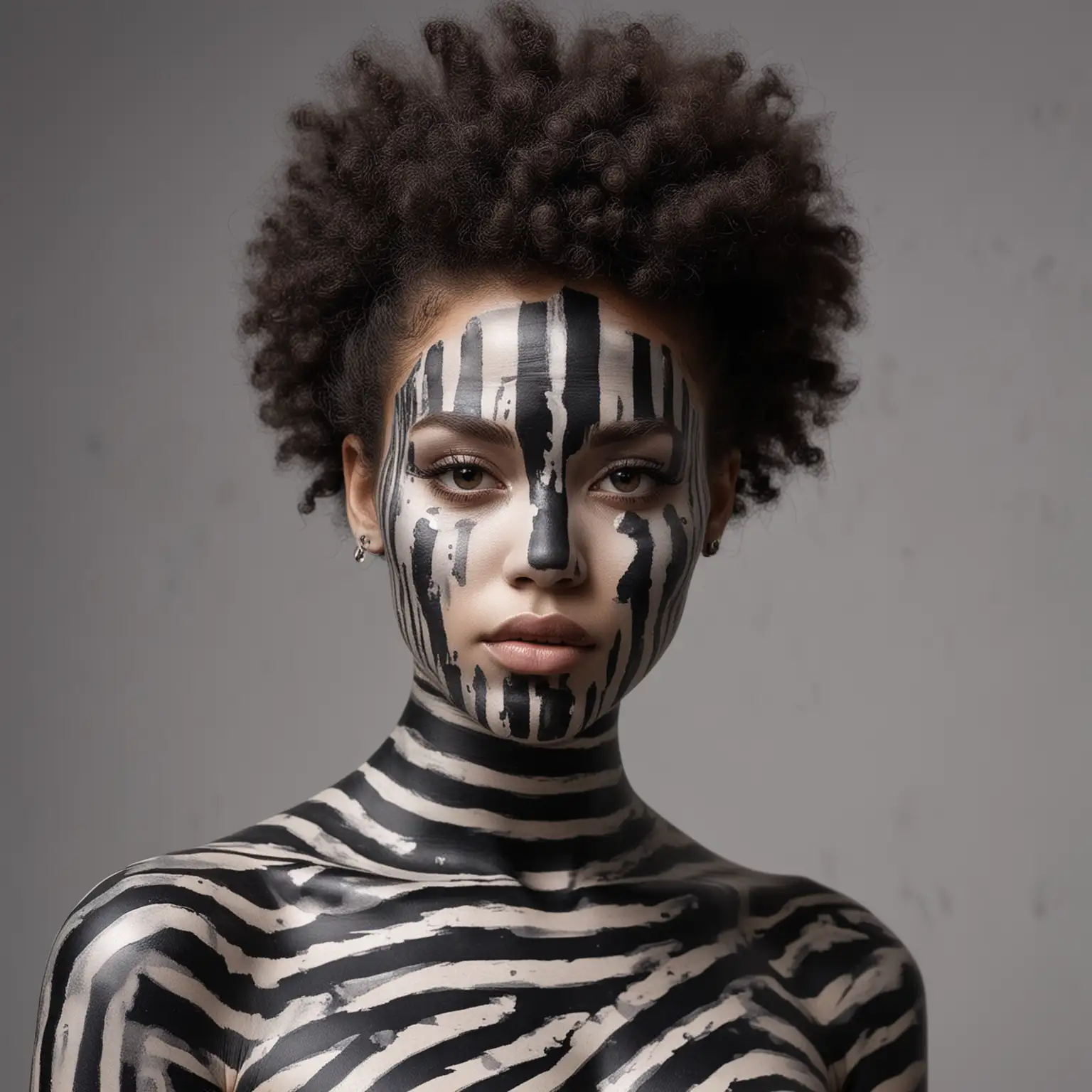 Girl-with-Afro-Hair-and-Striped-Face-Body-Art-in-Black-and-Gray