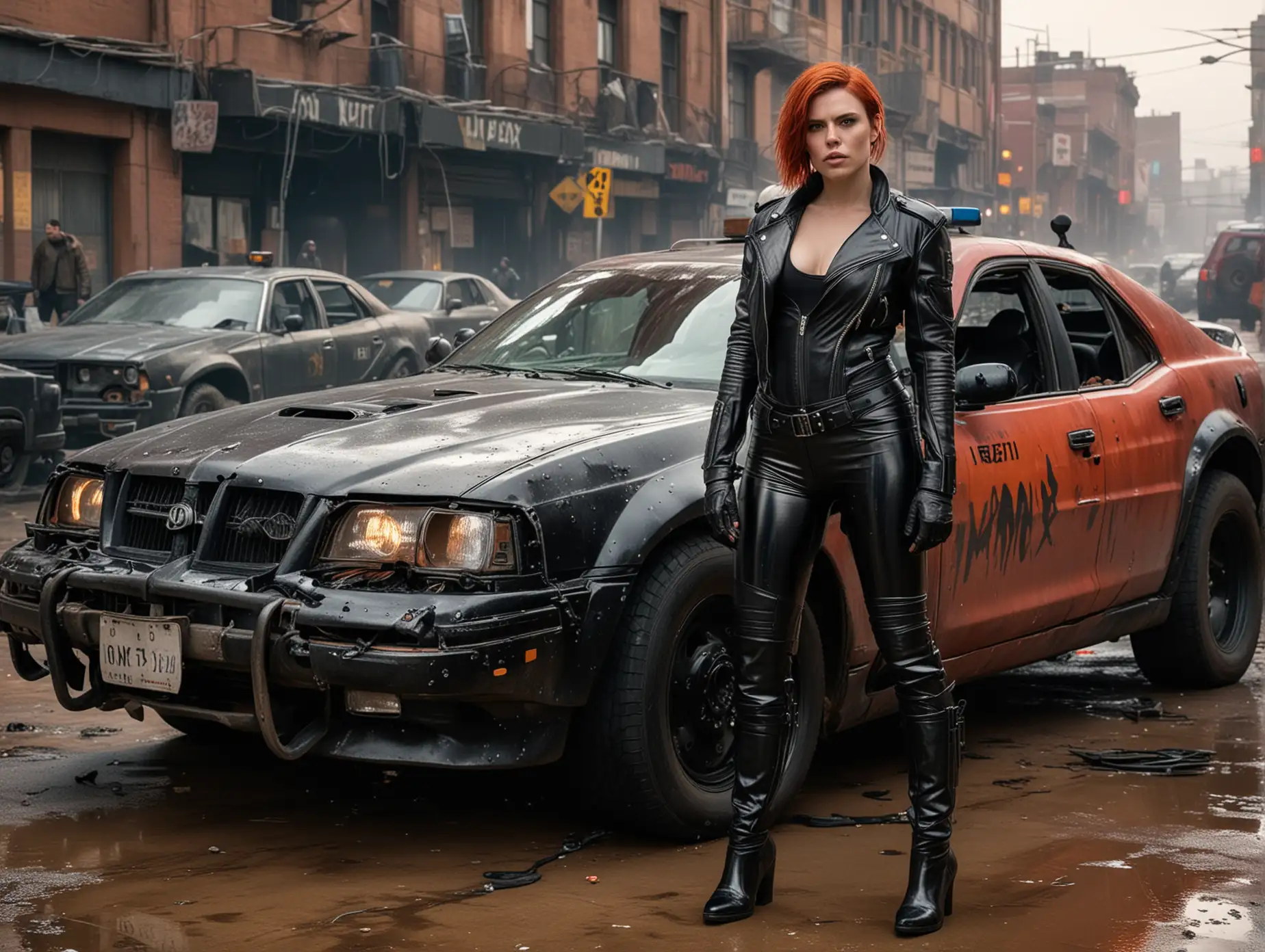 realistic photo cyberpunk police Clea Duvall with red hair and standing , wearing black low-cut shinny pvc catsuit , shinny pvc jacket , wearing long shiny pvc gloves , wearing shinny pvc thigh high boots , in destroyed cyberpunk city , next to mad max police car , inlighted with neons