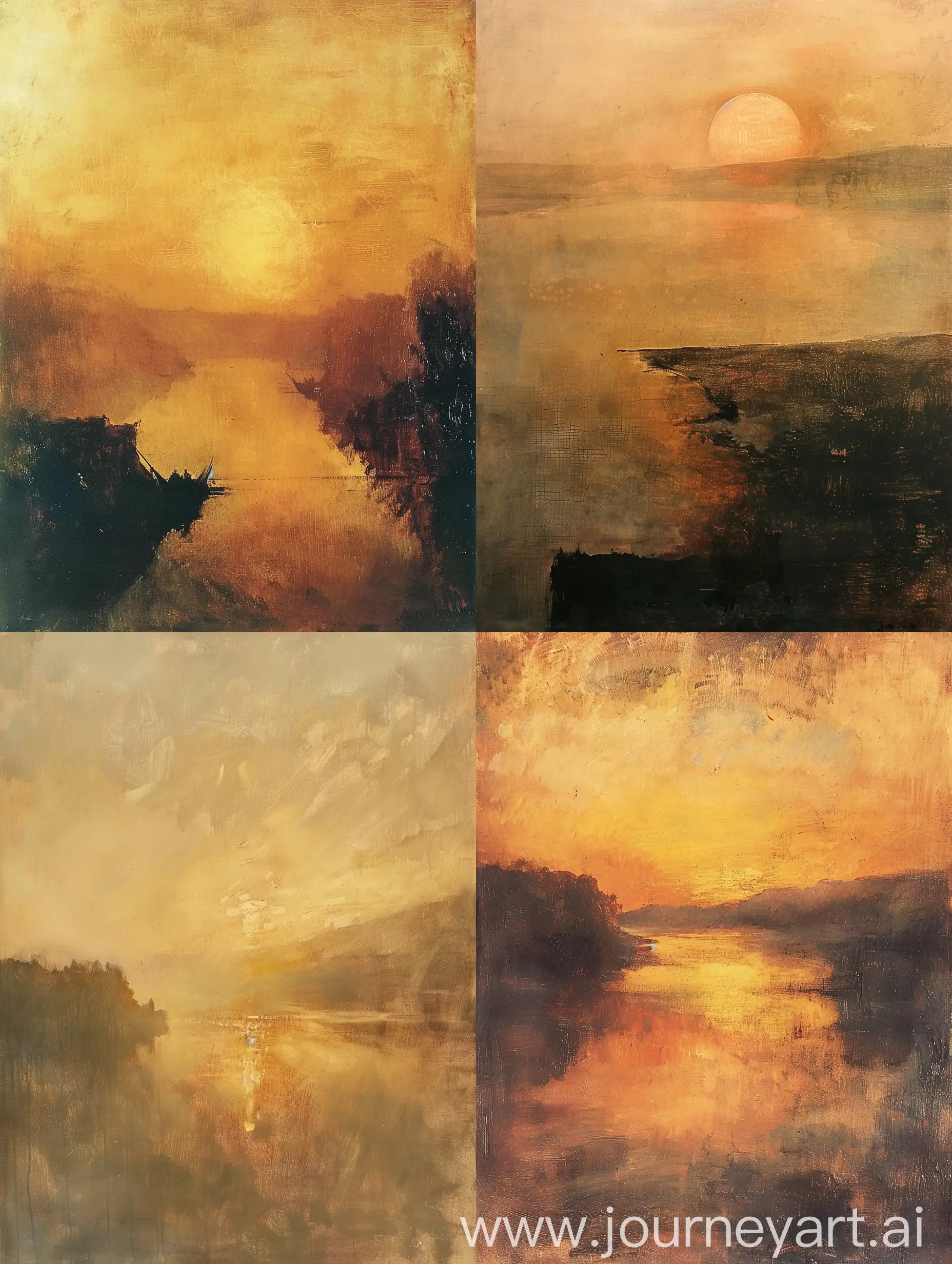 A stunning minimalist painting Sunset landscape by J. M. W Turner Imagine, The overall effect is a harmonious blend of natural and man-made elements, creating a serene and thought-provoking piece of art."