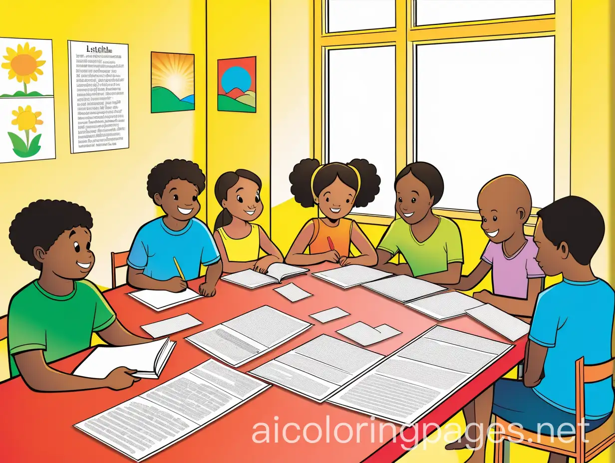 Create an illustration for a children's Bible activity book featuring the introduction to Bible verse cards. The scene should show several children sitting around a table, cutting out and decorating cards with Bible verses. The children should appear focused and happy, demonstrating interest and creativity in the activity. The table should have scissors, glue, colored pencils, markers, and stickers scattered on it. Include some completed Bible verse cards and some in the process of being decorated, showing the final product. The background should depict a cozy and bright environment, such as a classroom or a room decorated with Christian elements like crosses, Bibles, and inspirational posters on the wall. Use warm and cheerful colors to reflect a positive and creative atmosphere. The overall style should be simple and accessible, suitable for children to engage with., Coloring Page, black and white, line art, white background, Simplicity, Ample White Space. The background of the coloring page is plain white to make it easy for young children to color within the lines. The outlines of all the subjects are easy to distinguish, making it simple for kids to color without too much difficulty