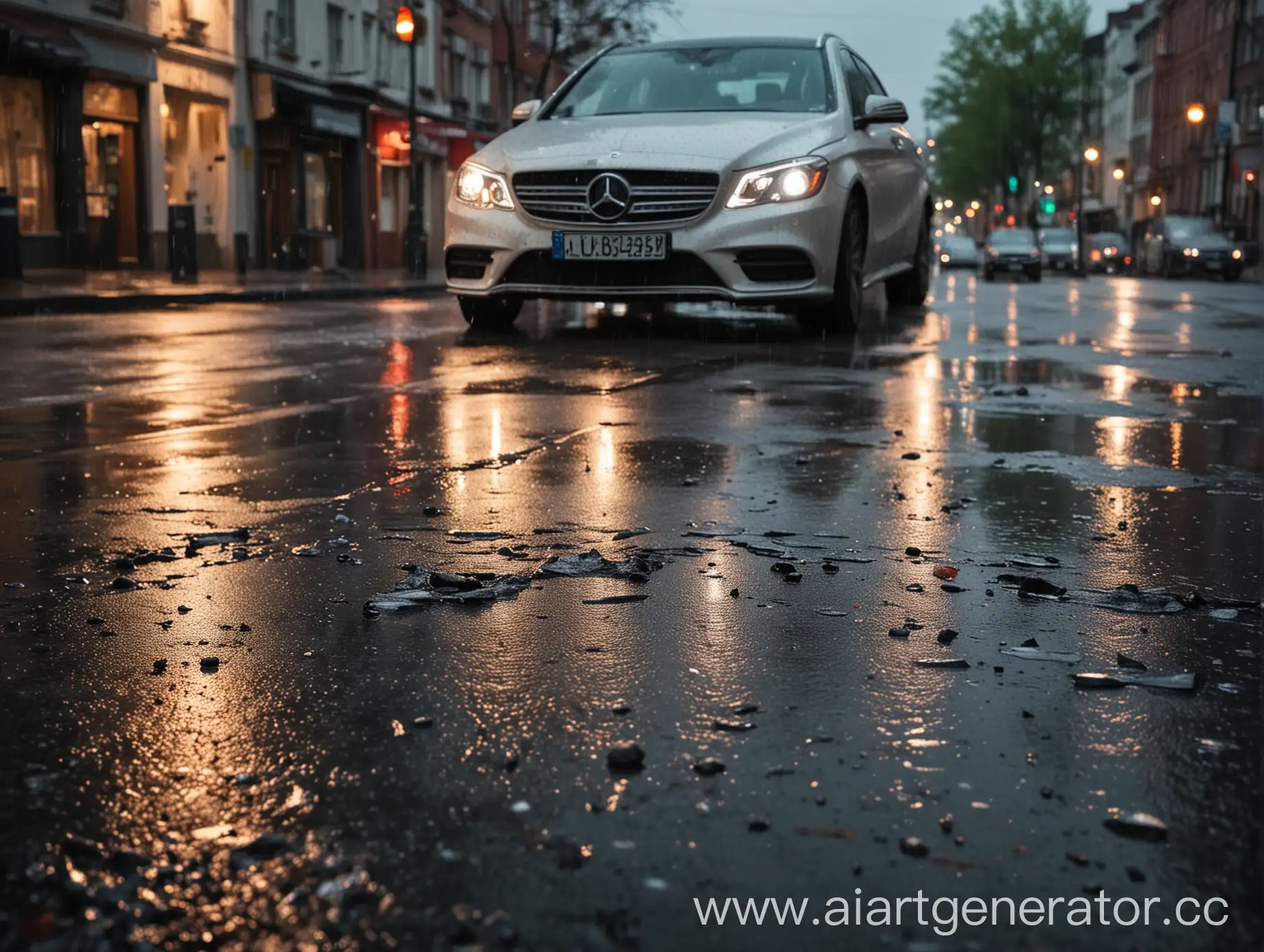 Rainy-Evening-Cityscape-with-MercedesBenz-Car-and-Reflective-Puddles
