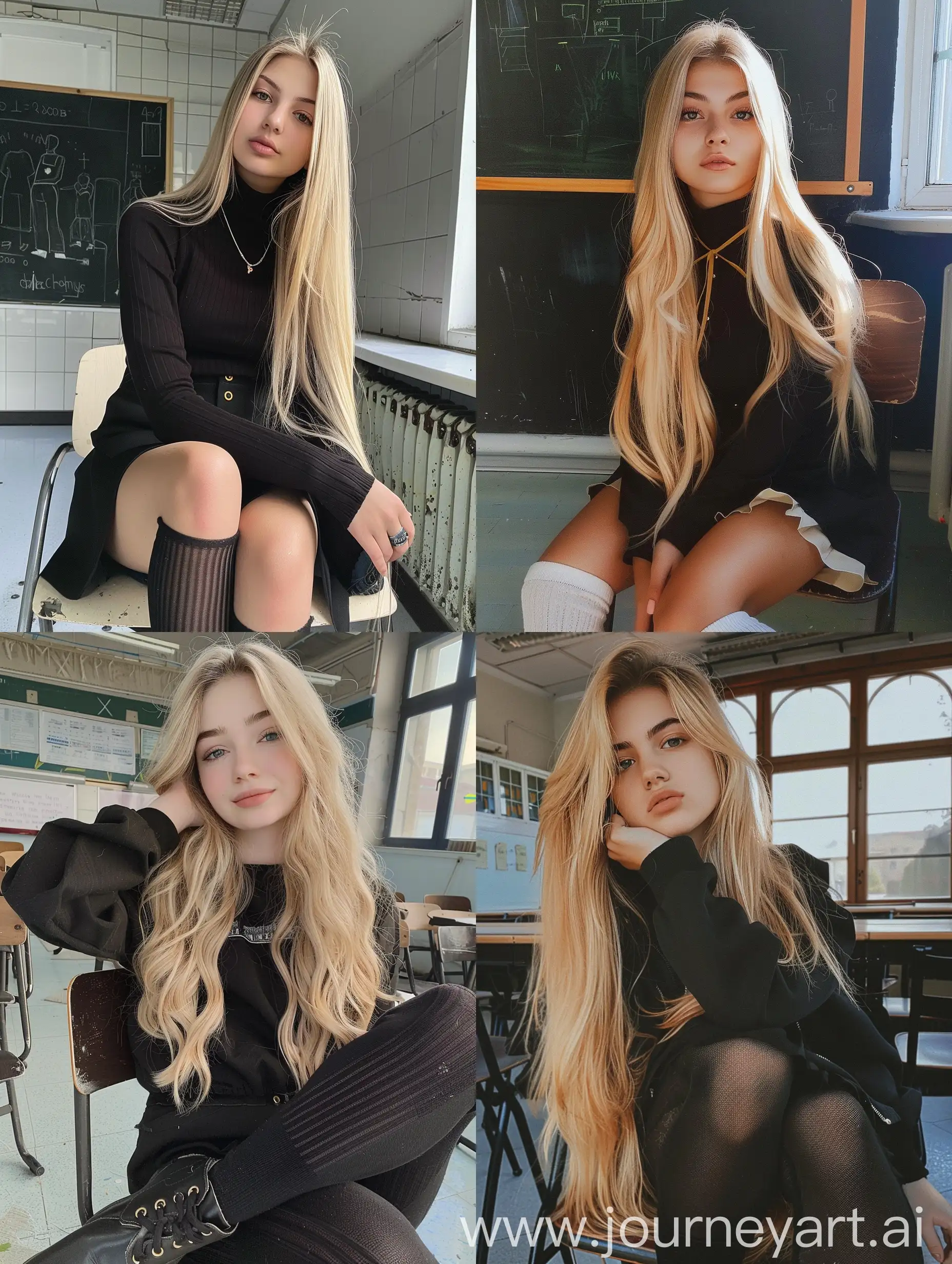 1 Ukrainian girl, long blond hair , 22 years old, influencer, beauty , in the school ,school black uniform , makeup, smiling, chão view, sitting on chair , socks and boots, no effect, selfie , iphone selfie, no filters , iphone photo natural
