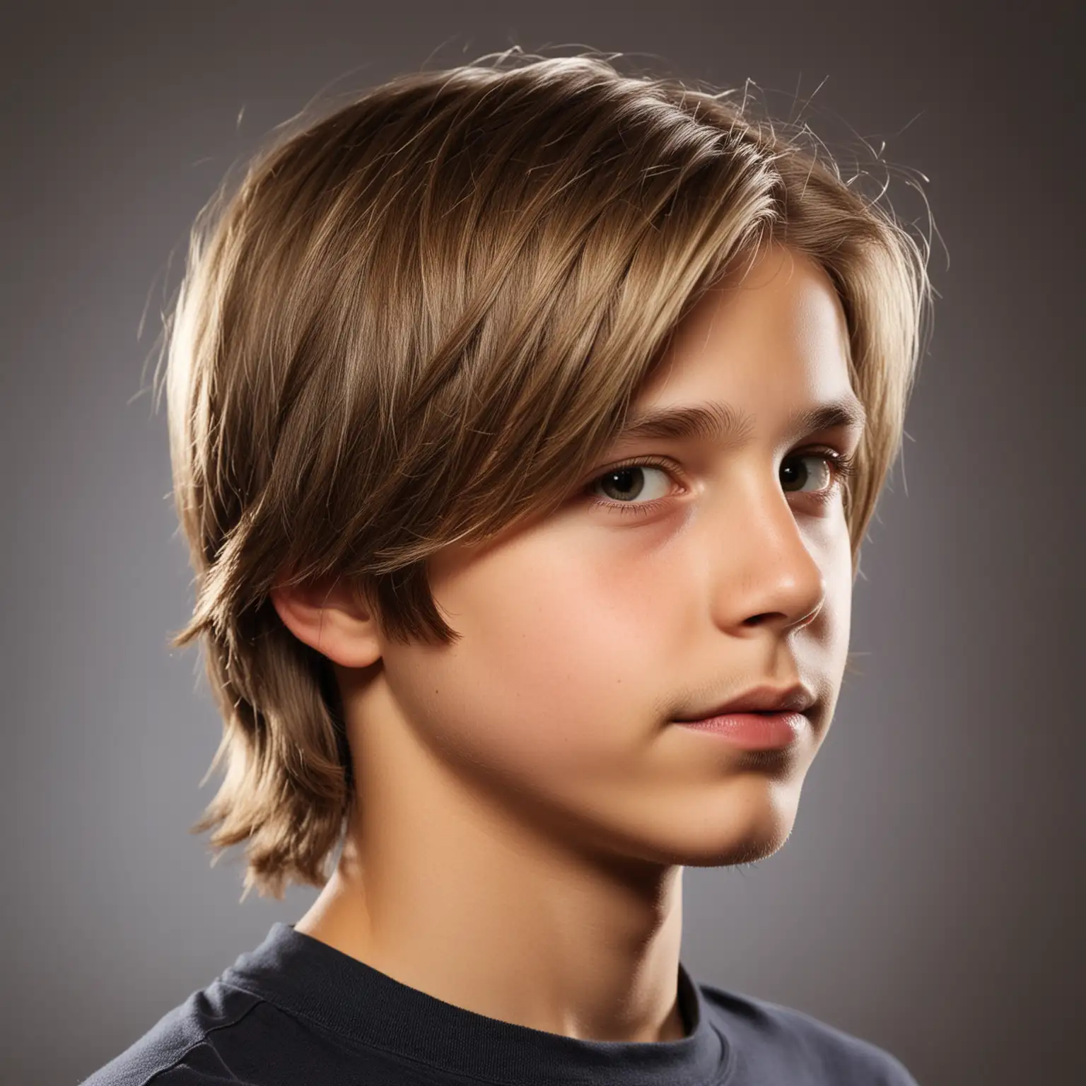 Studio quality photo of  thin twelve year old boy with soft, shiny shoulder length hair light with highlights, light overhead, very light mustache and beard, profile view 