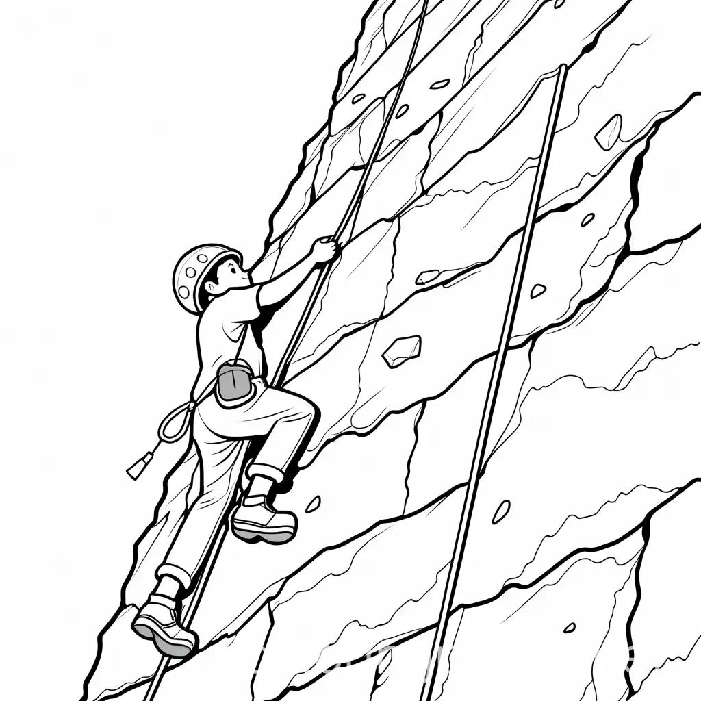One kid climbing rock climb, Coloring Page, black and white, line art, white background, Simplicity, Ample White Space. The background of the coloring page is plain white to make it easy for young children to color within the lines. The outlines of all the subjects are easy to distinguish, making it simple for kids to color without too much difficulty