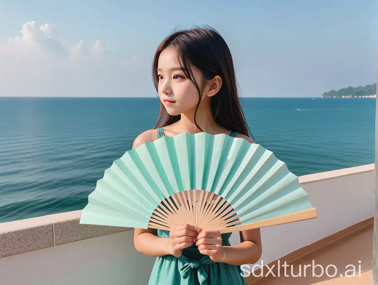 A girl looks at the sea, holding a folded paper fan