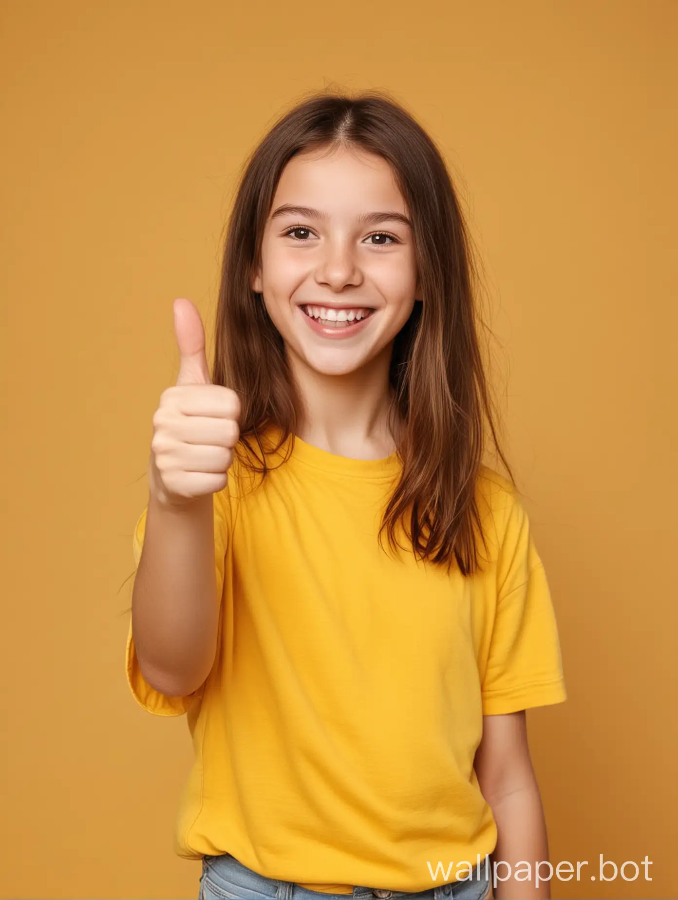 girl in delight smiles and marvels at happiness, shows a big thumb up on yellow background