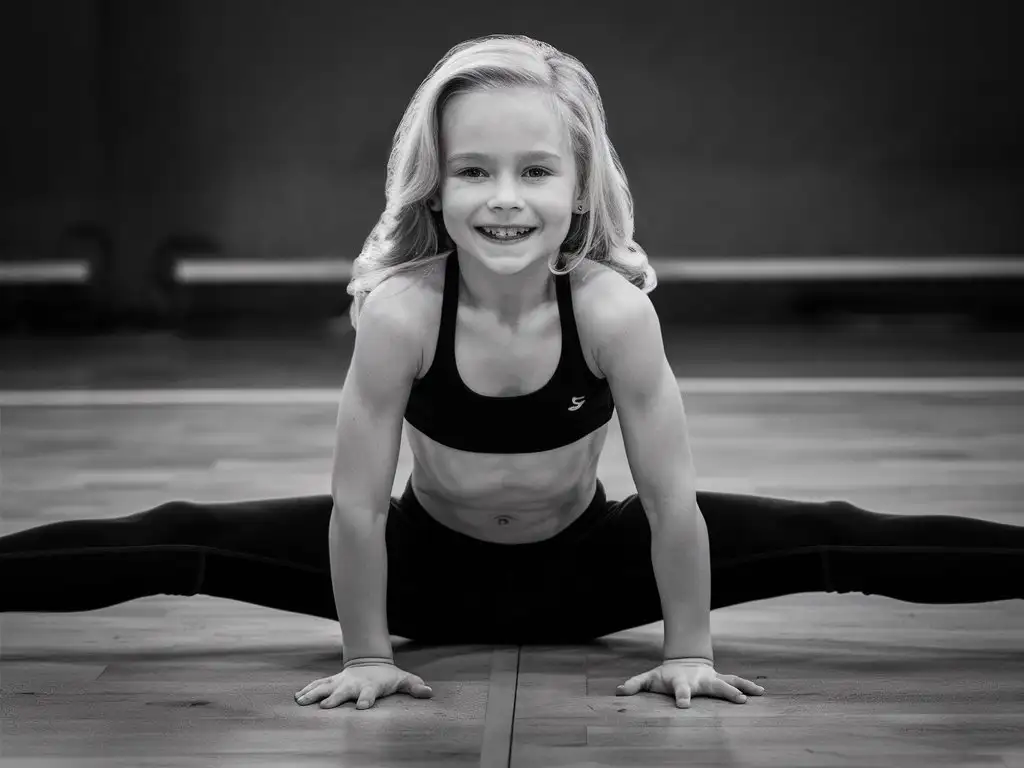 8 years old girl, blond hair, very muscular abs, showing her belly, doing the split, in the gym