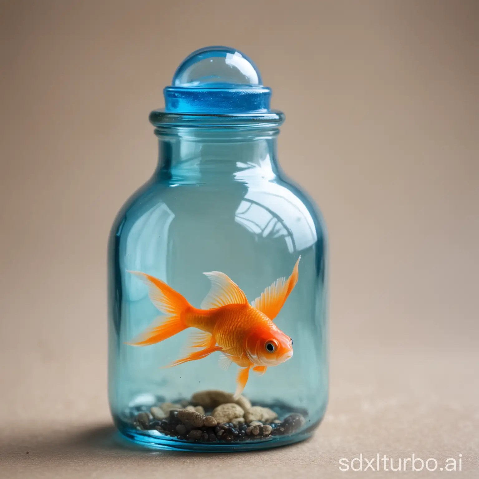 Goldfish-Swimming-in-a-Tranquil-Blue-Glass-Bottle