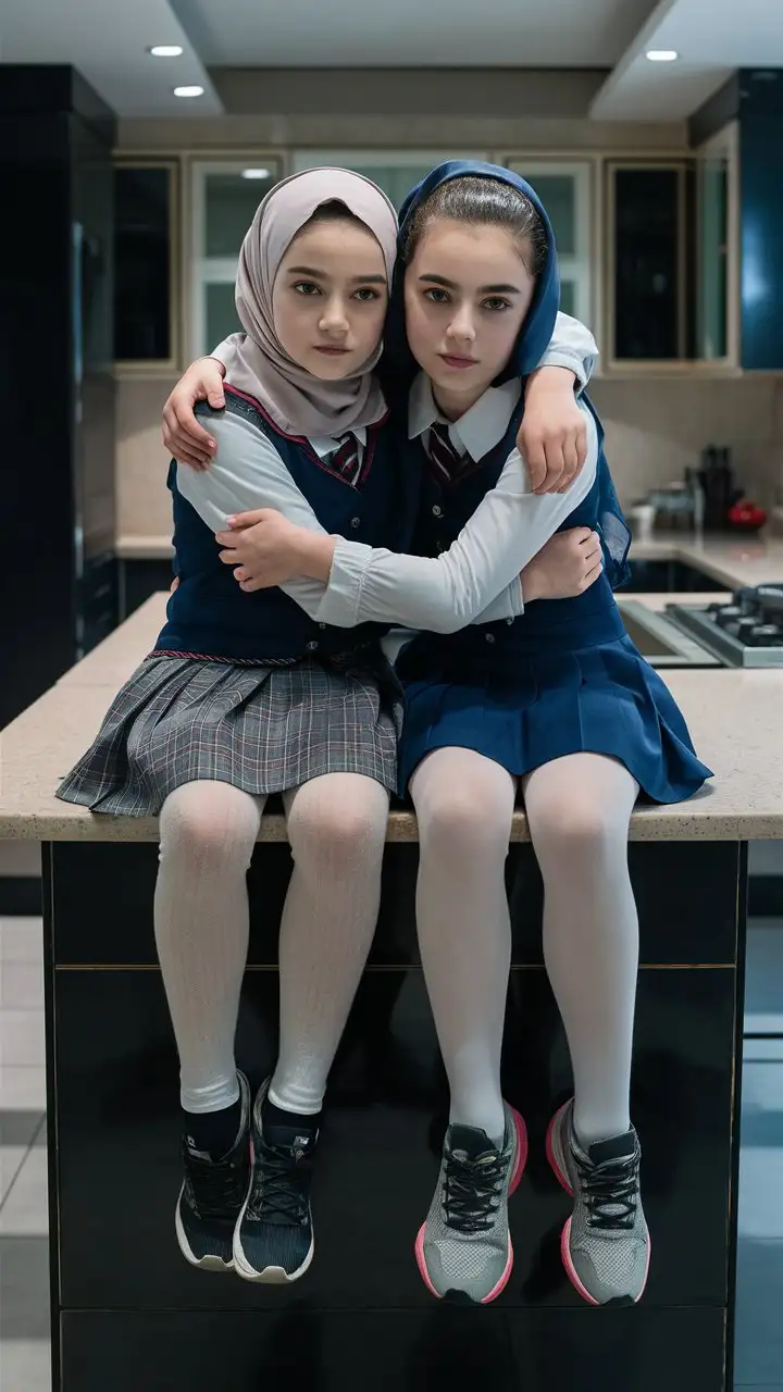 2 little porcelain skin girl.  14 years old. They wear a modern hijab, school skirt, tight shirts, white opaque tights, sport shoes.
They are beautiful.
In kitchen. They sits on the kitchen countertrops. well-groomed, turkish, quality face, plump lips.
Bird's eye view, top view, serious face, hugs