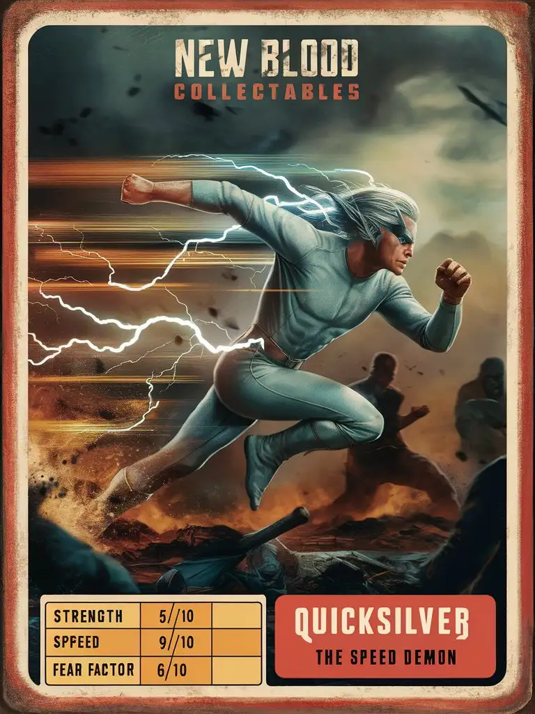 A corroded and discolored 'New Blood Collectables' 'Quicksilver the Speed Demon' card bearing a A blur of motion and speed, Quicksilver dashes through the battlefield with lightning-fast reflexes. His rapid movements leave opponents bewildered and disoriented, unable to keep up with his unmatched agility.'Strength: 5/10''Speed: 10/10''Intelligence: 9/10''Fear Factor: 6/10'